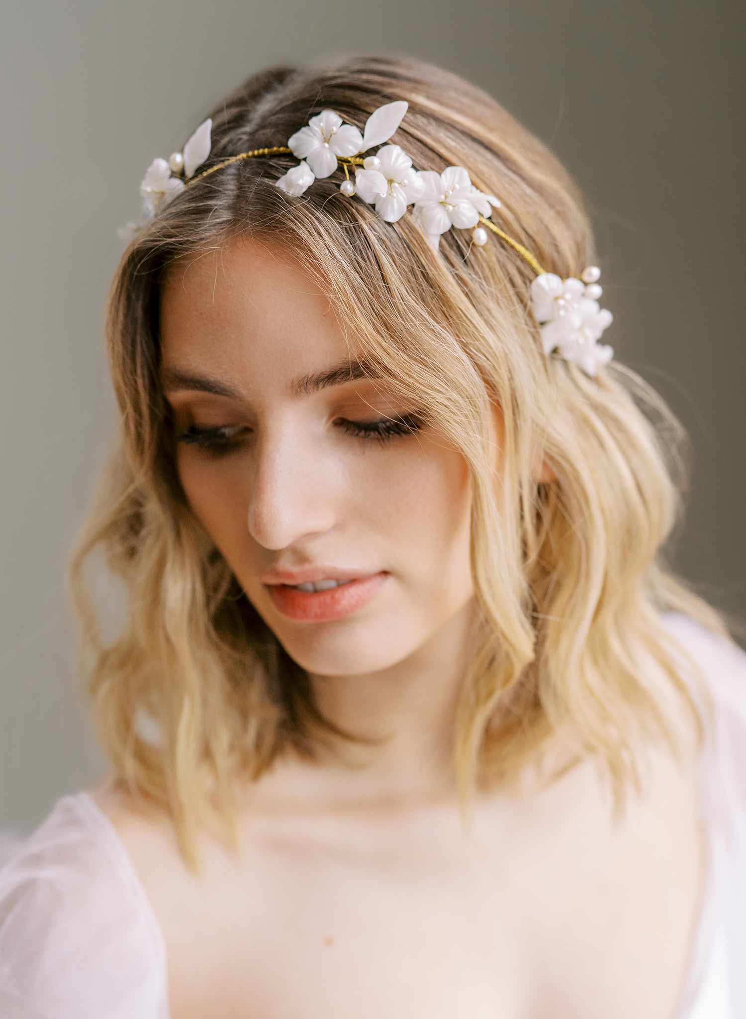 handmade white clay flower pearl gold hair vine headband, twigs and honey