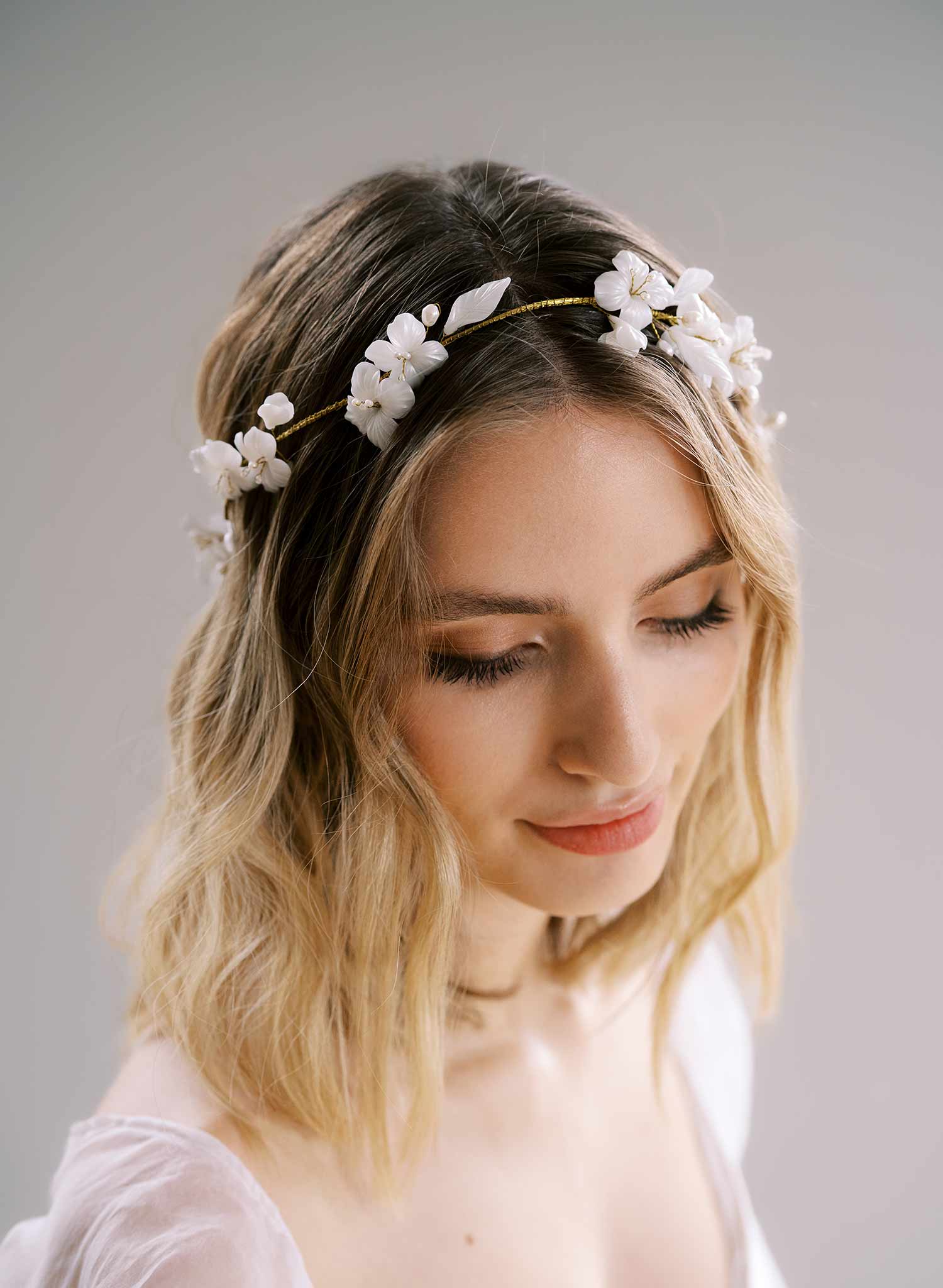 handmade white clay flower pearl gold hair vine headband, twigs and honey