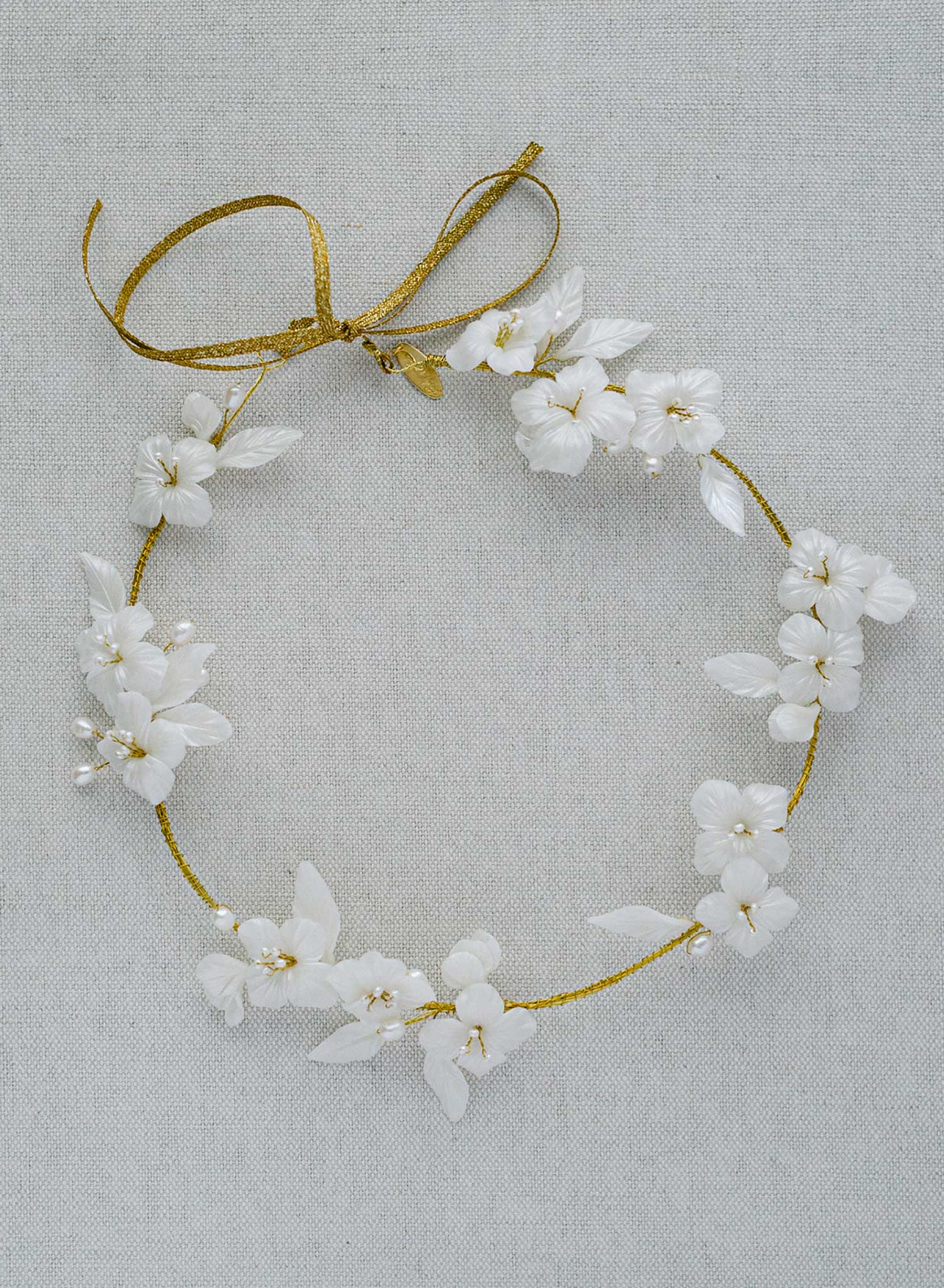 handmade white clay flower pearl gold hair vine headband, twigs and honey