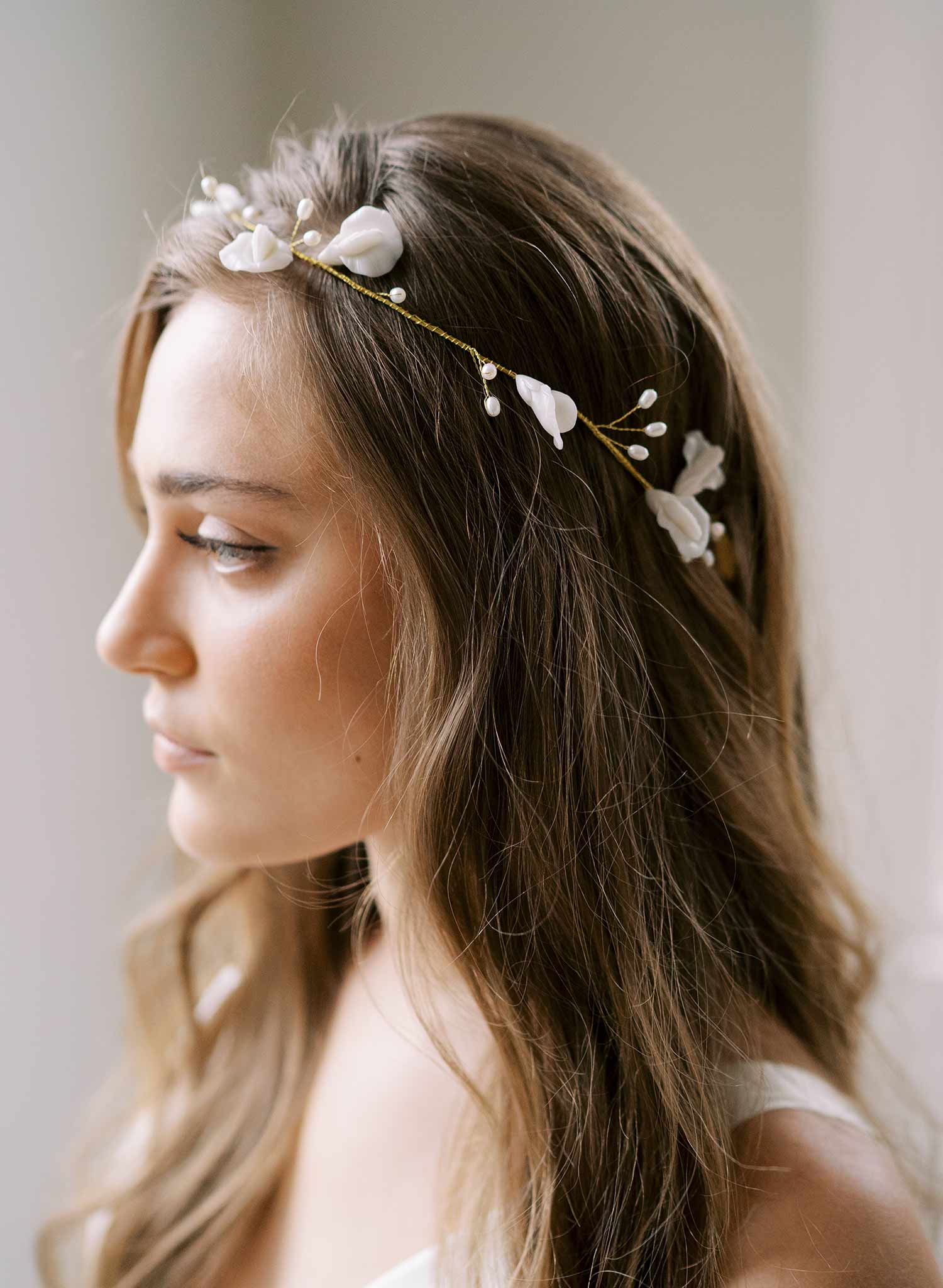 handmade white clay floral gold bridal headband hair vine, twigs & honey