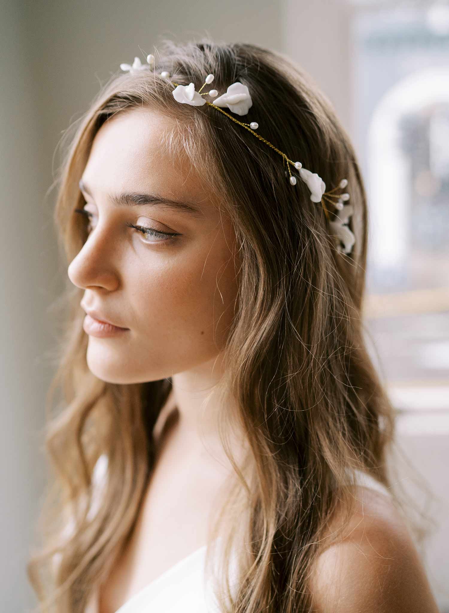 handmade white clay floral gold bridal headband hair vine, twigs & honey