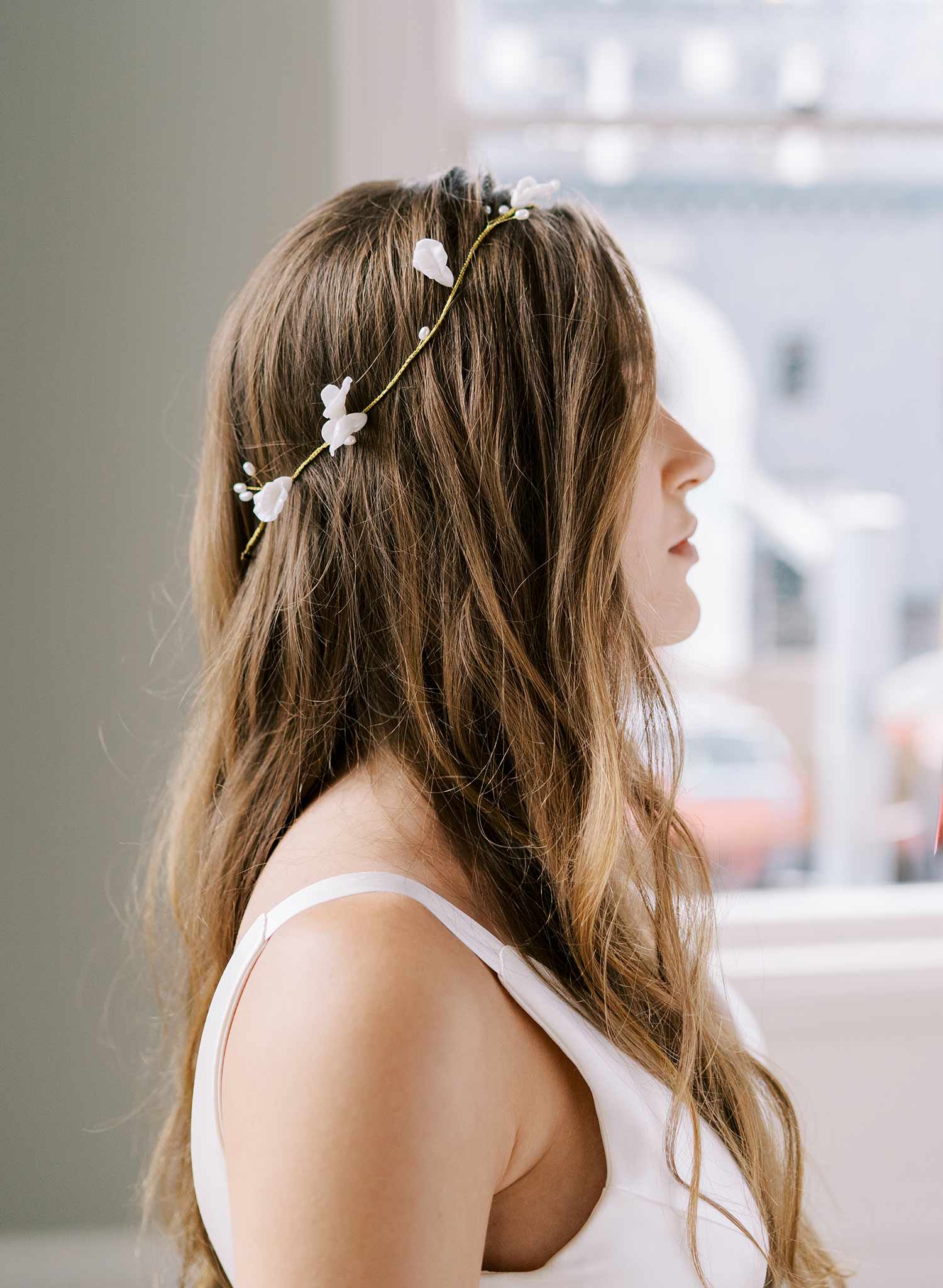 handmade white clay floral gold bridal headband hair vine, twigs & honey