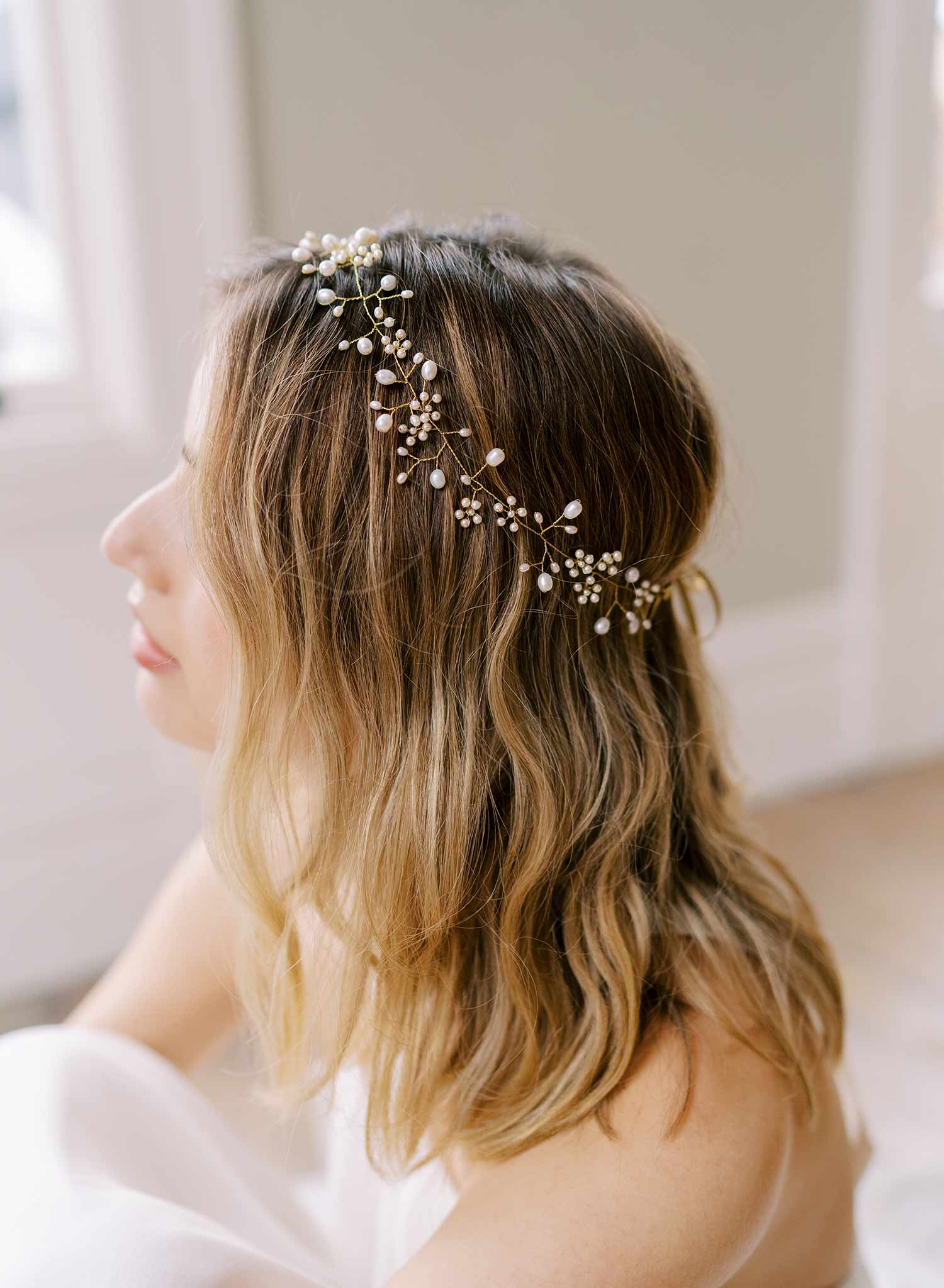 handmade wired pearl gold wedding headband hair vine, twigs & honey