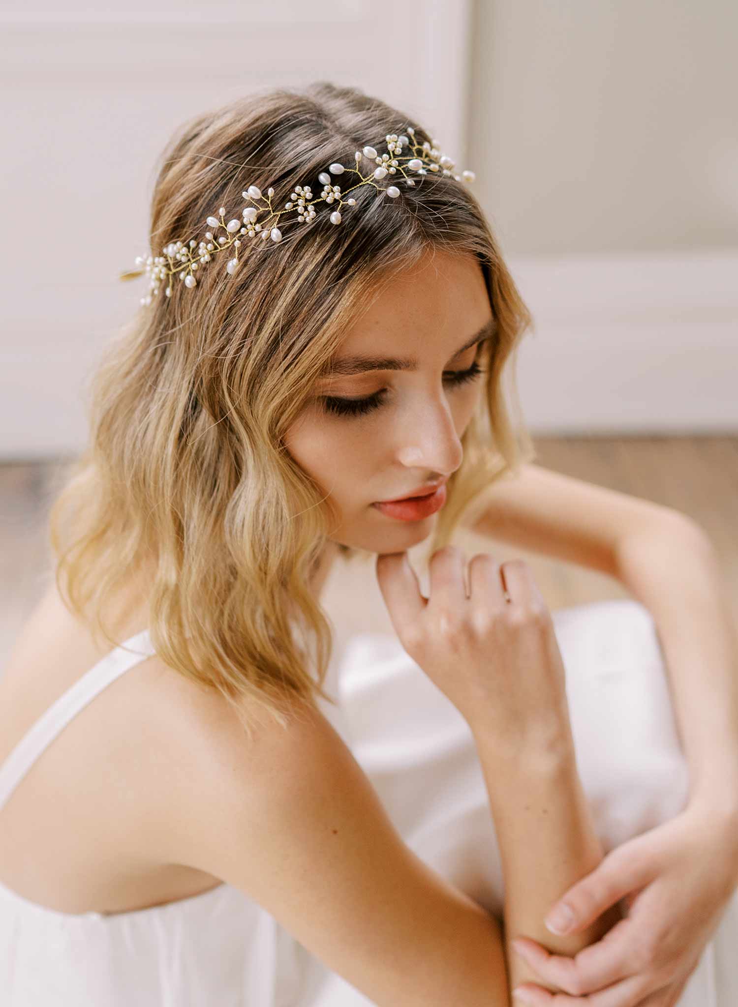 handmade wired pearl gold wedding headband hair vine, twigs & honey