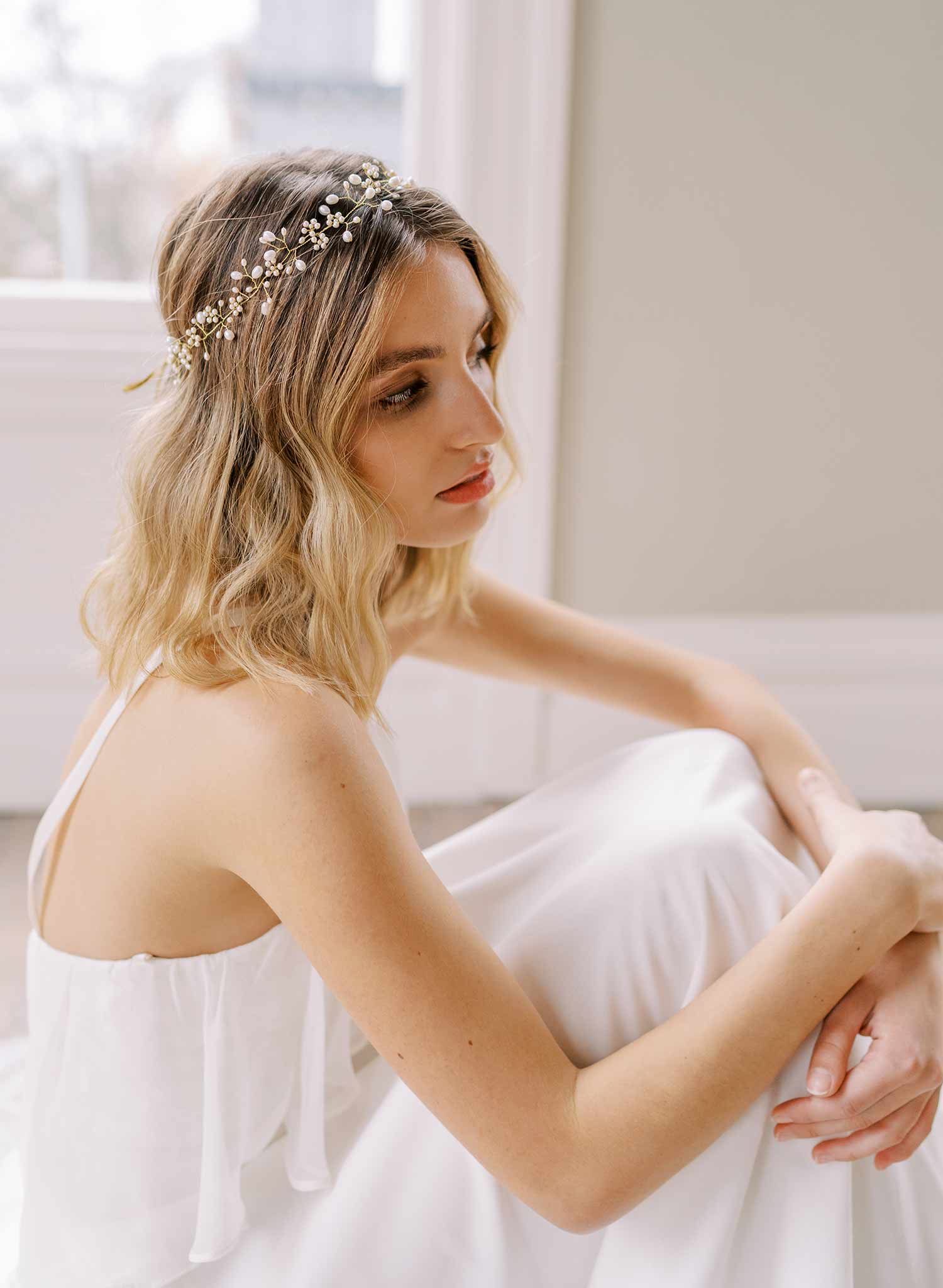 handmade wired pearl gold wedding headband hair vine, twigs & honey