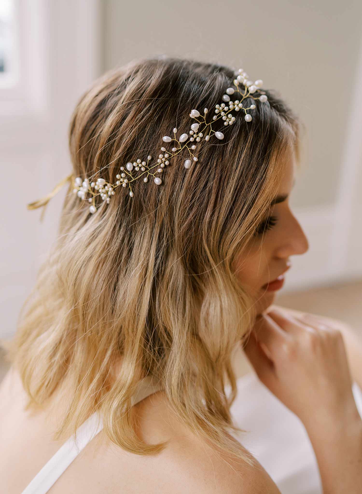 handmade wired pearl gold wedding headband hair vine, twigs & honey