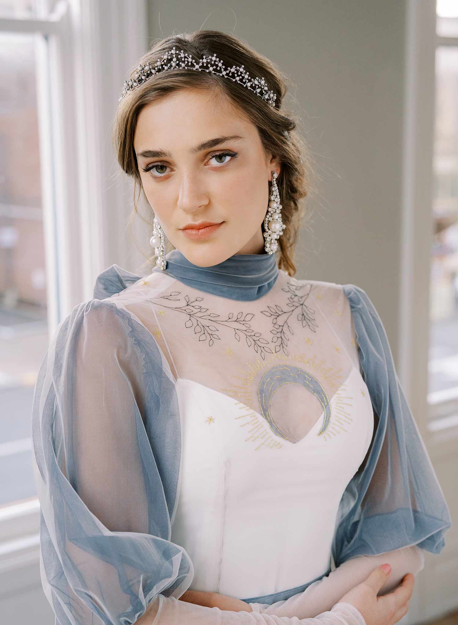 delicate crystal and pearl gold or silver bridal tiara, twigs and honey