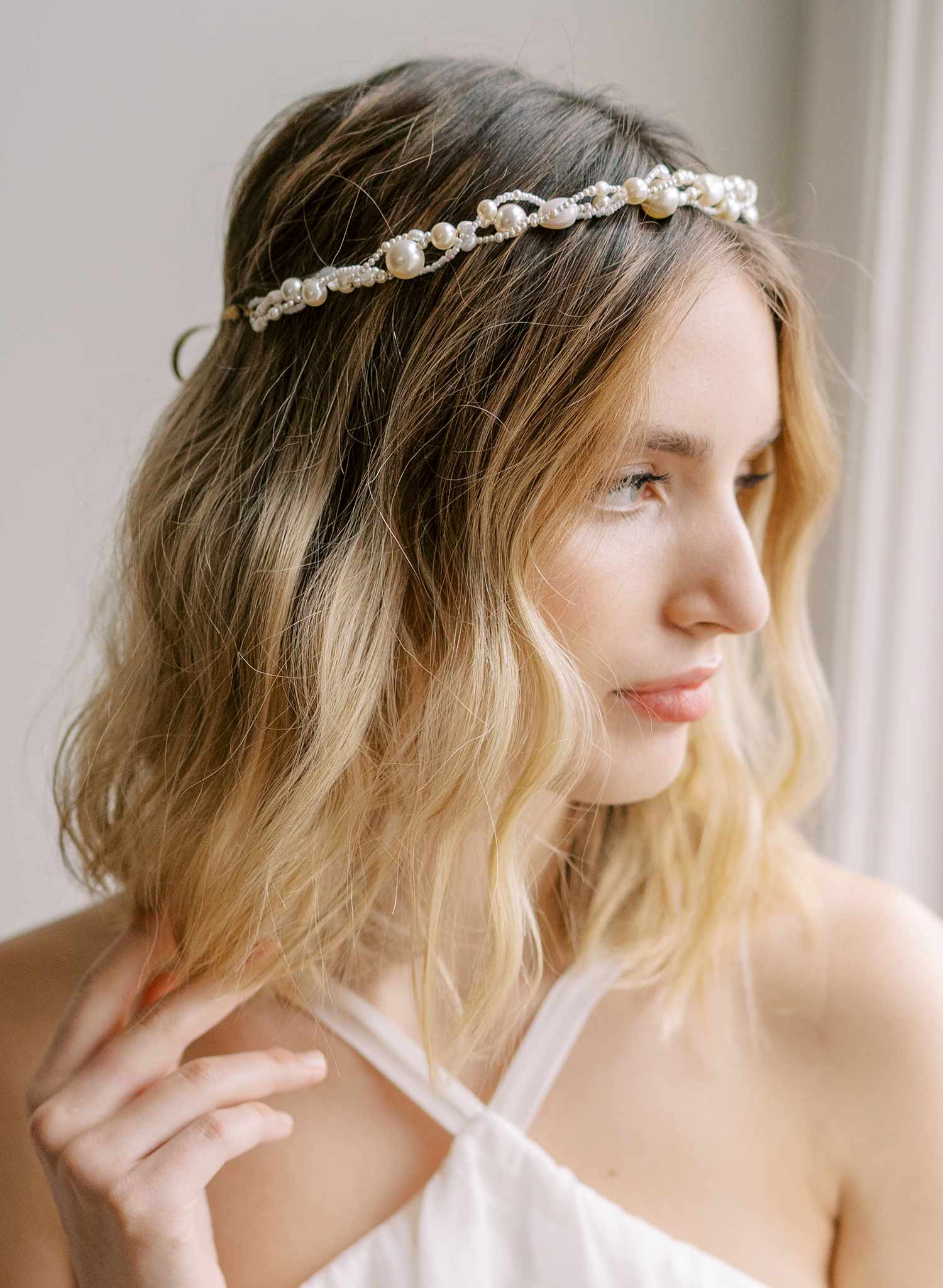 Twigs & Honey BHLDN Vineyard Halo Wedding Pearl Rhinestone Ribbon Gold deals Plated