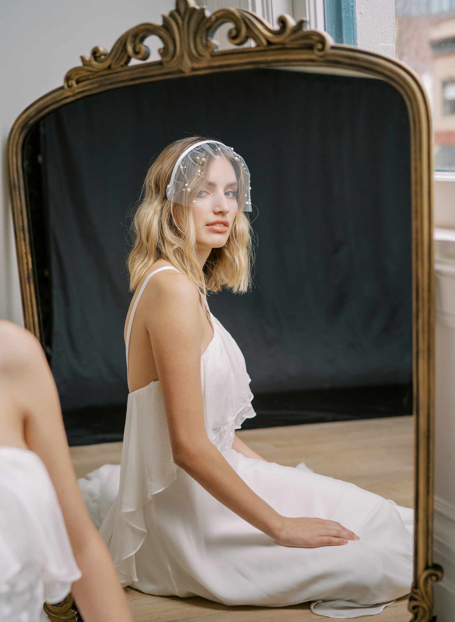 short tulle headband pearl wedding headband, twigs and honey