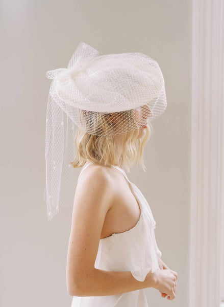 Small Birdcage Wedding Hat - Vintage Inspired Bridal Mini Hat with Veil - Style #2454 with Silk Flowers