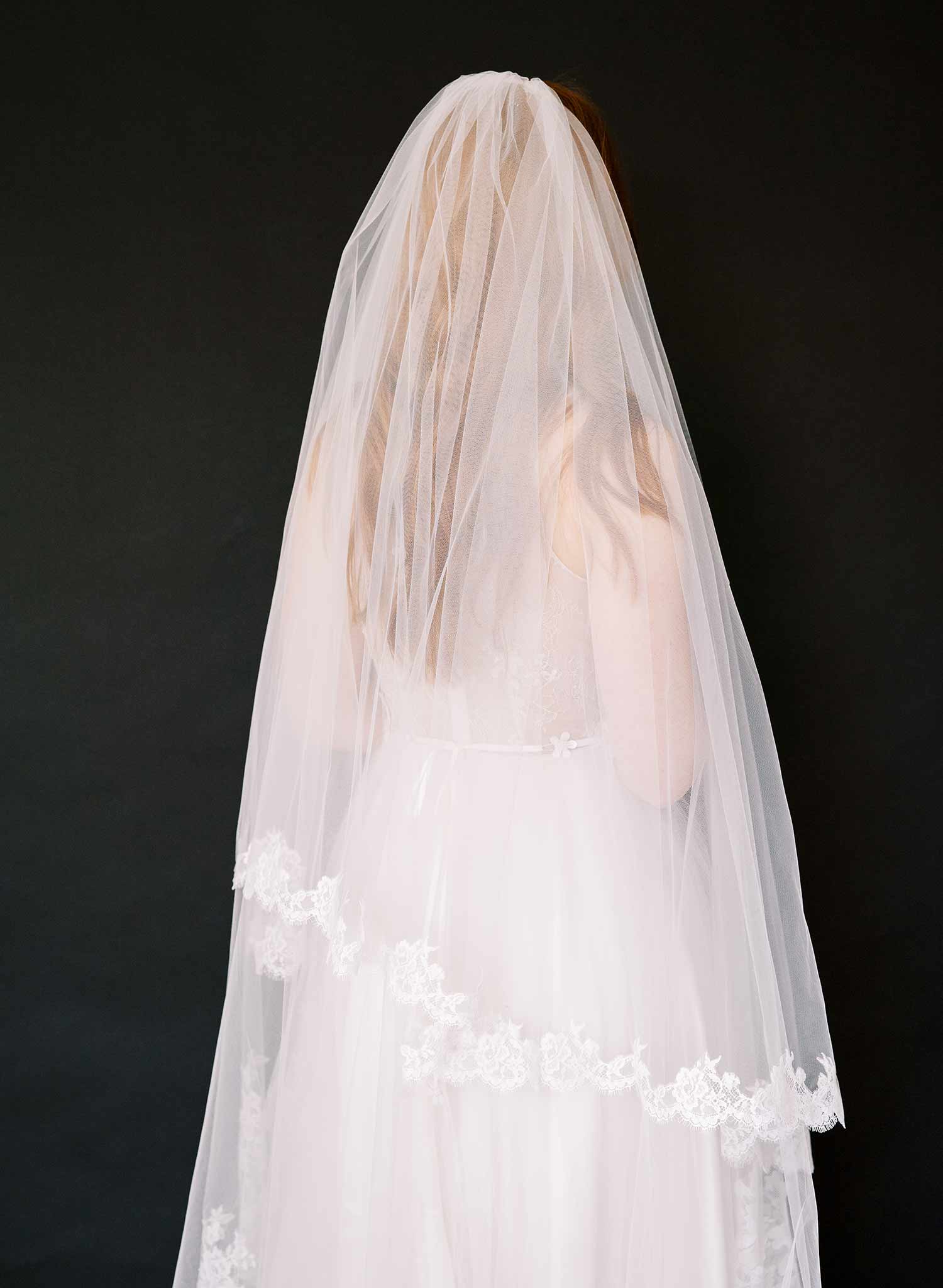 long french lace tulle bridal veil with blusher, twigs and honey