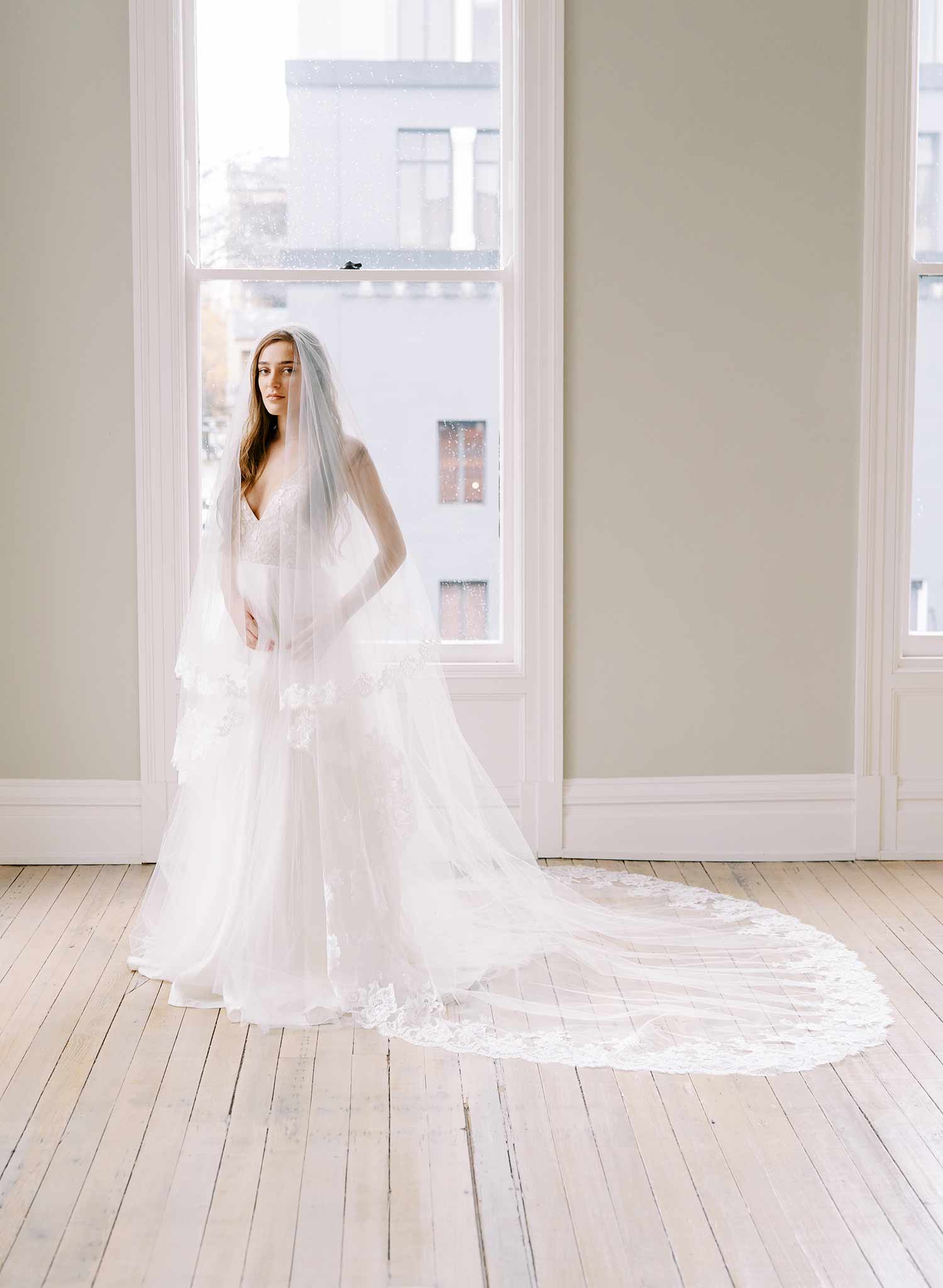 long french lace tulle bridal veil with blusher, twigs and honey