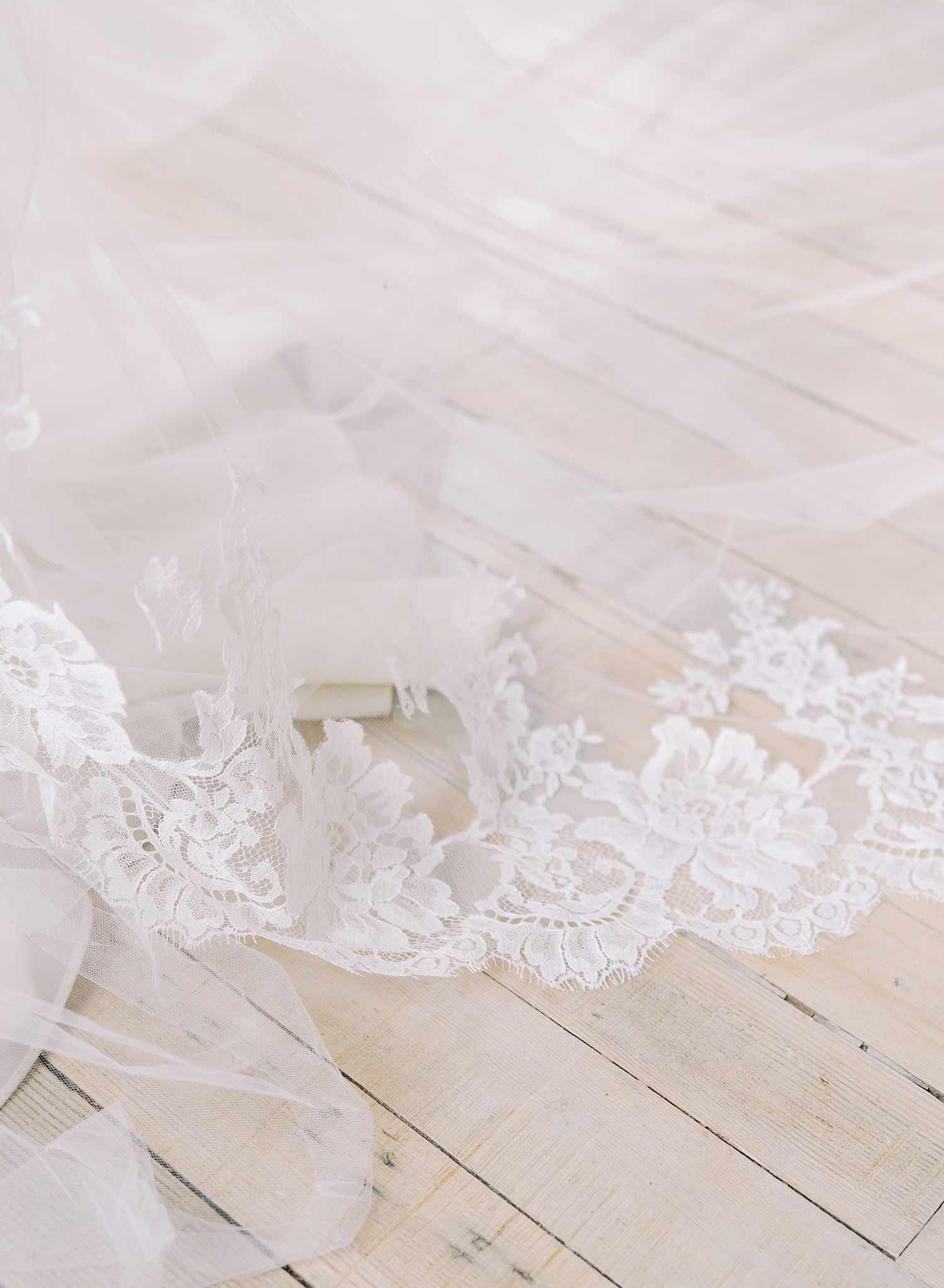 long french lace tulle bridal veil with blusher, twigs and honey