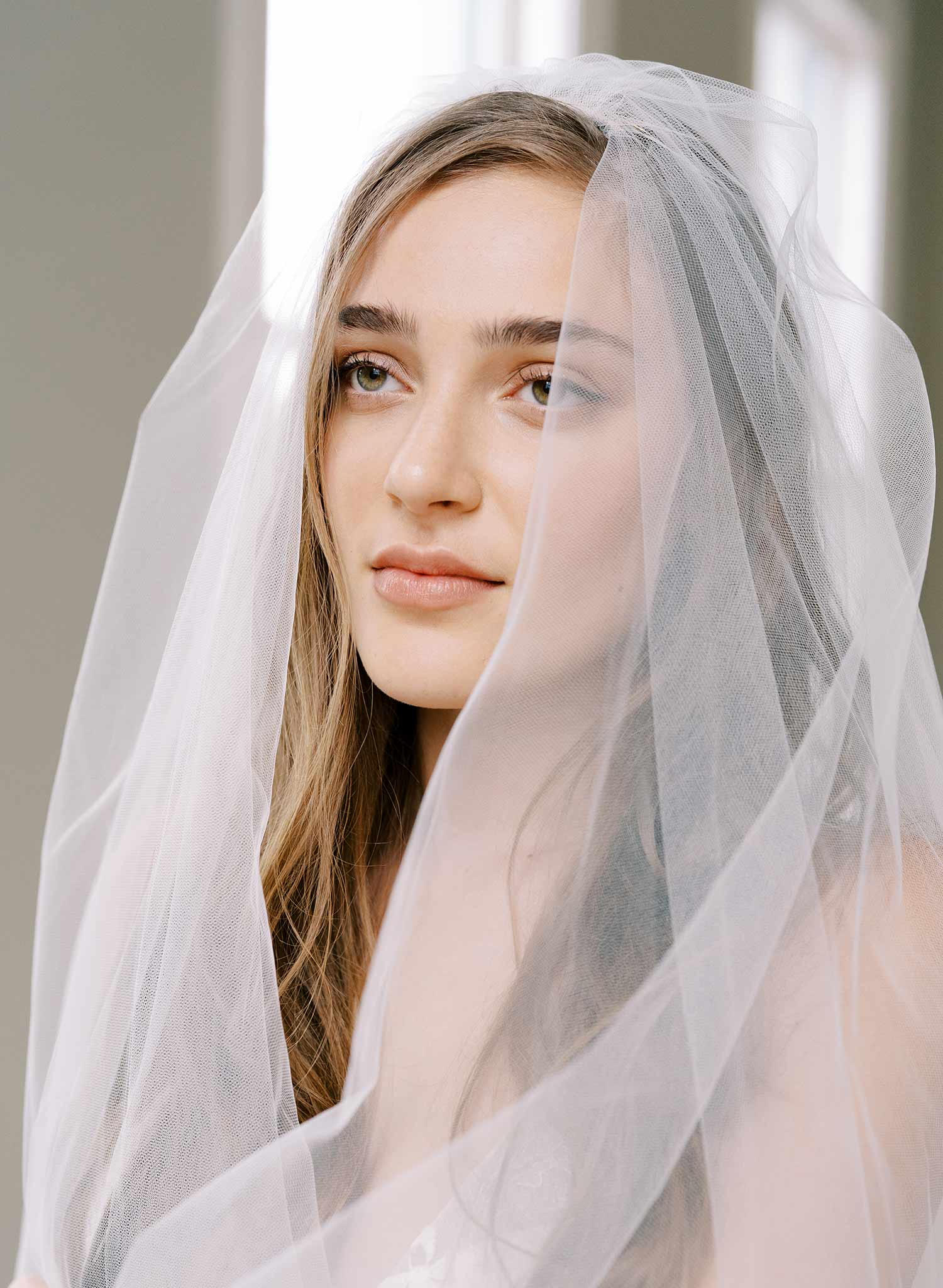 long french lace tulle bridal veil with blusher, twigs and honey