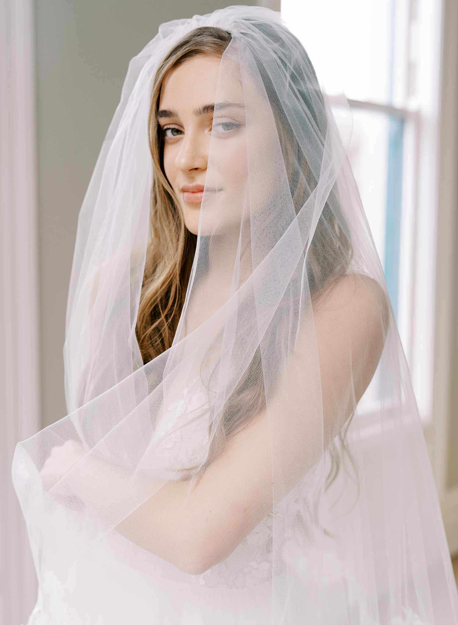 long french lace tulle bridal veil with blusher, twigs and honey