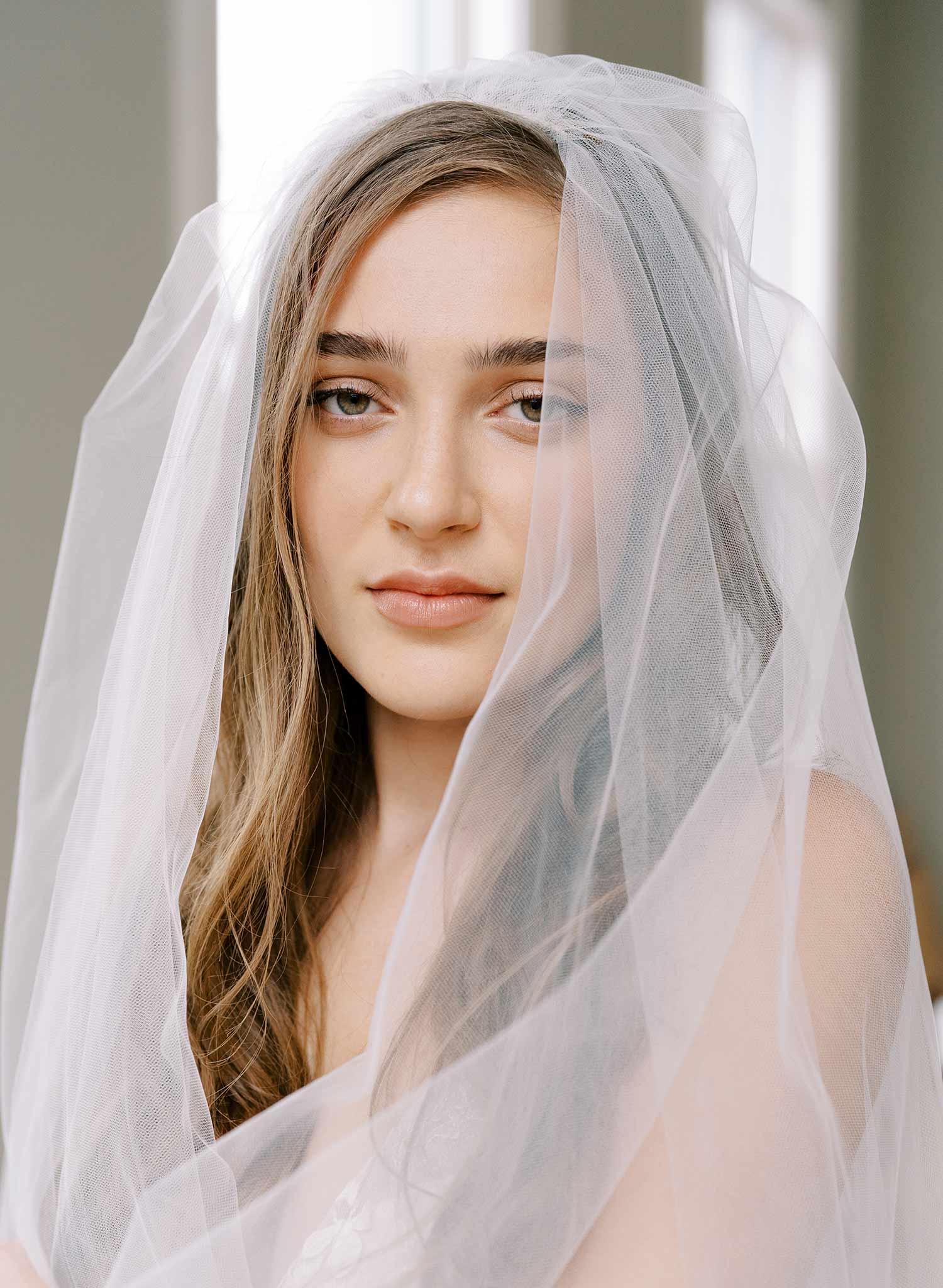 long french lace tulle bridal veil with blusher, twigs and honey