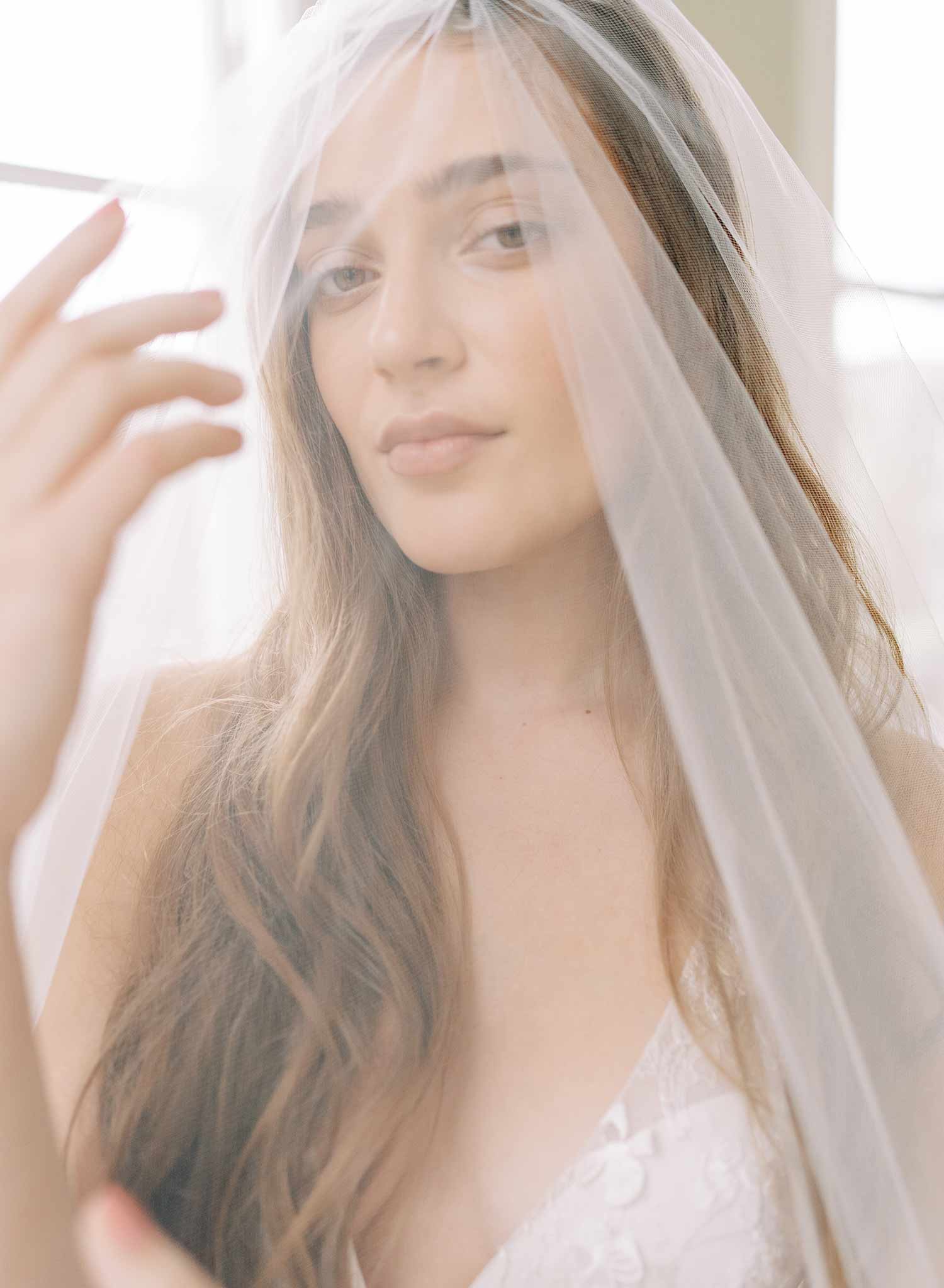 long french lace tulle bridal veil with blusher, twigs and honey