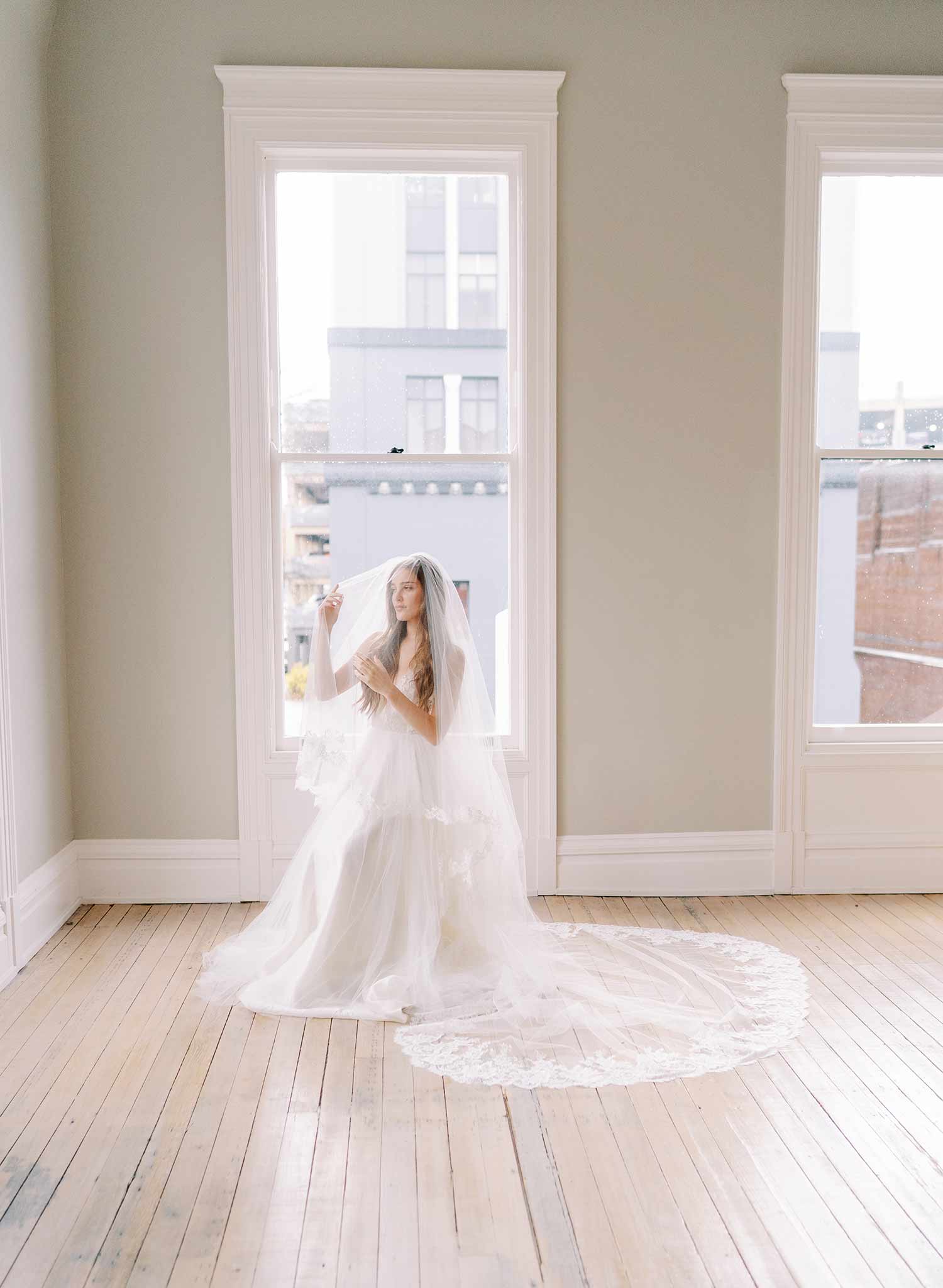 long french lace tulle bridal veil with blusher, twigs and honey