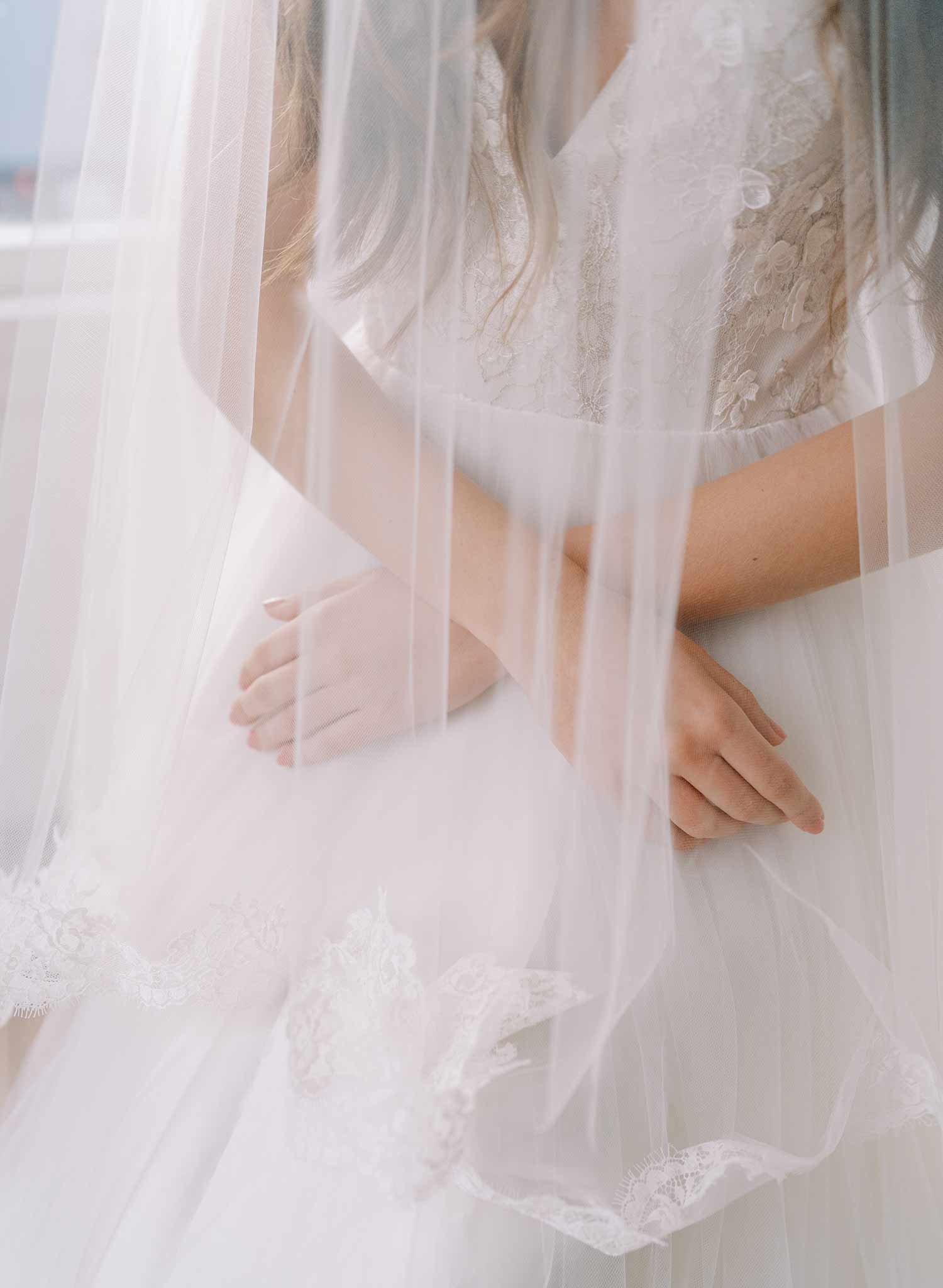 long french lace tulle bridal veil with blusher, twigs and honey