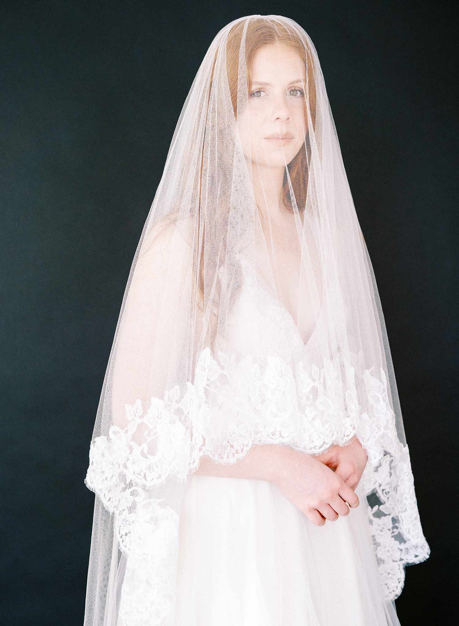 floral lace tulle veil with blusher, twigs & honey