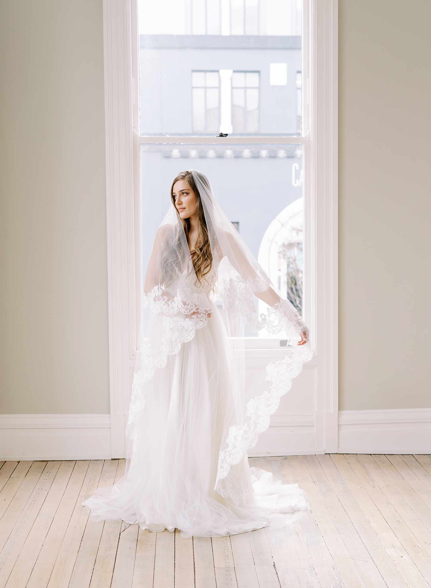 floral lace tulle veil with blusher, twigs & honey