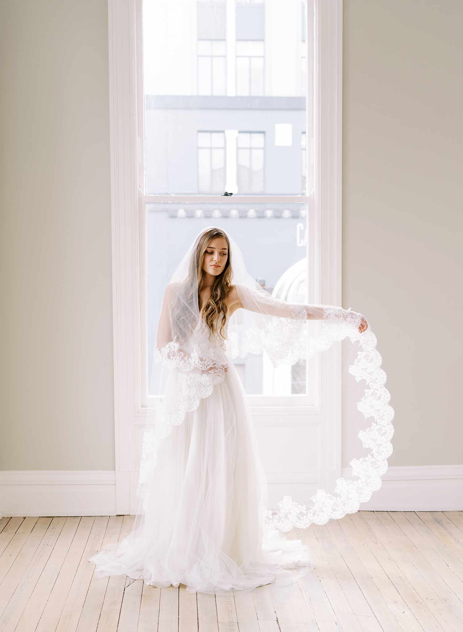 floral lace tulle veil with blusher, twigs & honey