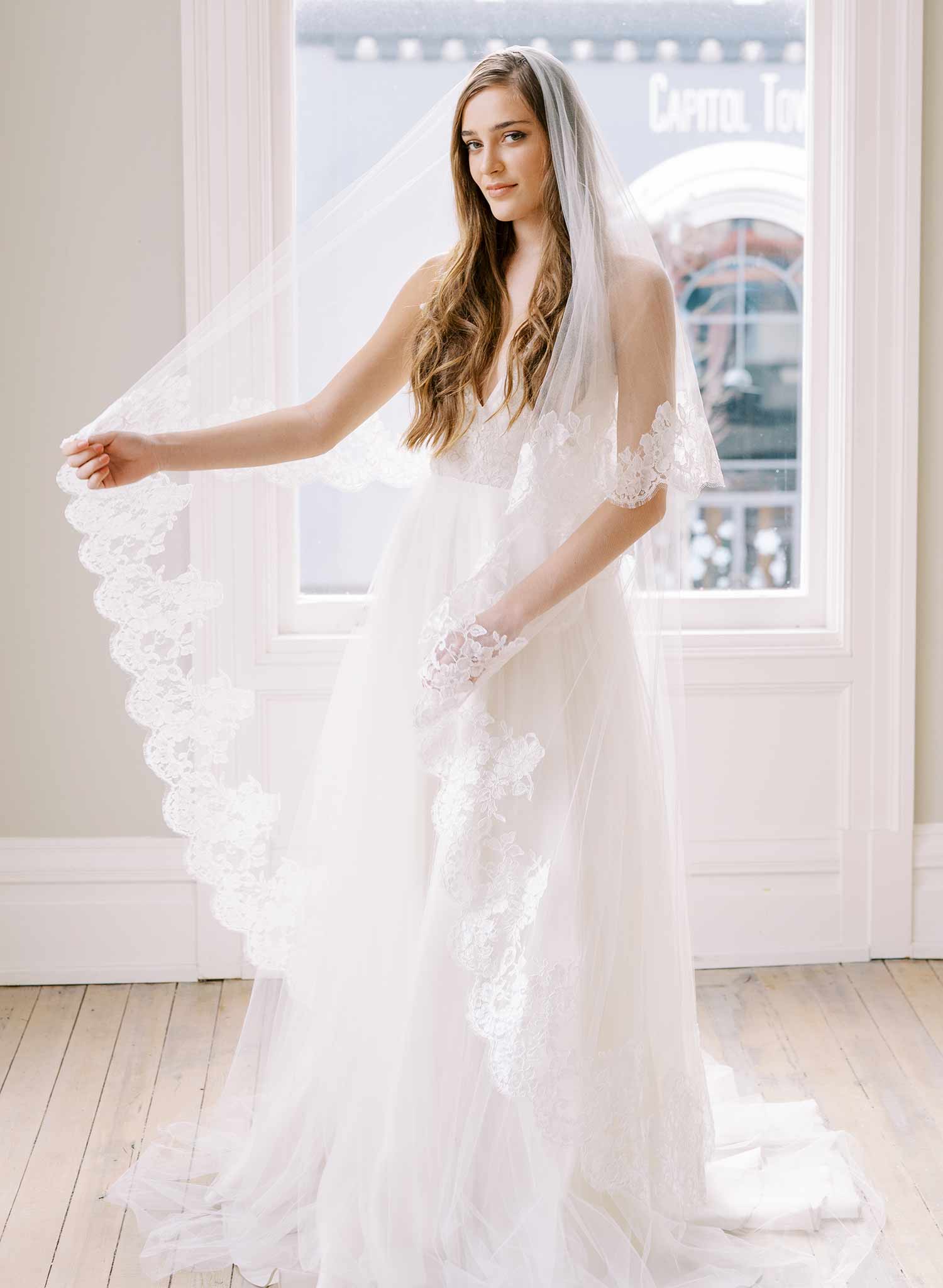 floral lace tulle veil with blusher, twigs & honey