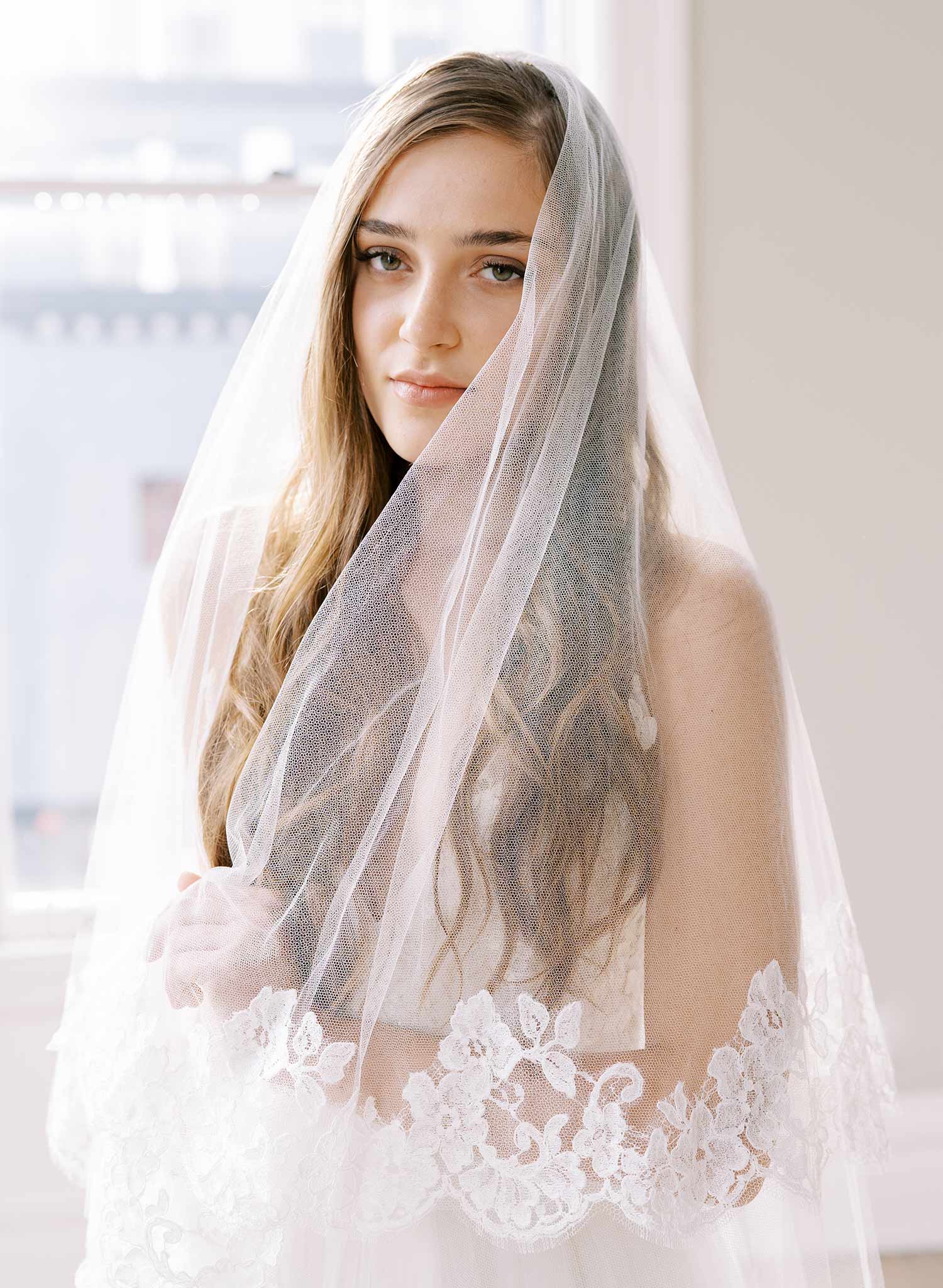 floral lace tulle veil with blusher, twigs & honey