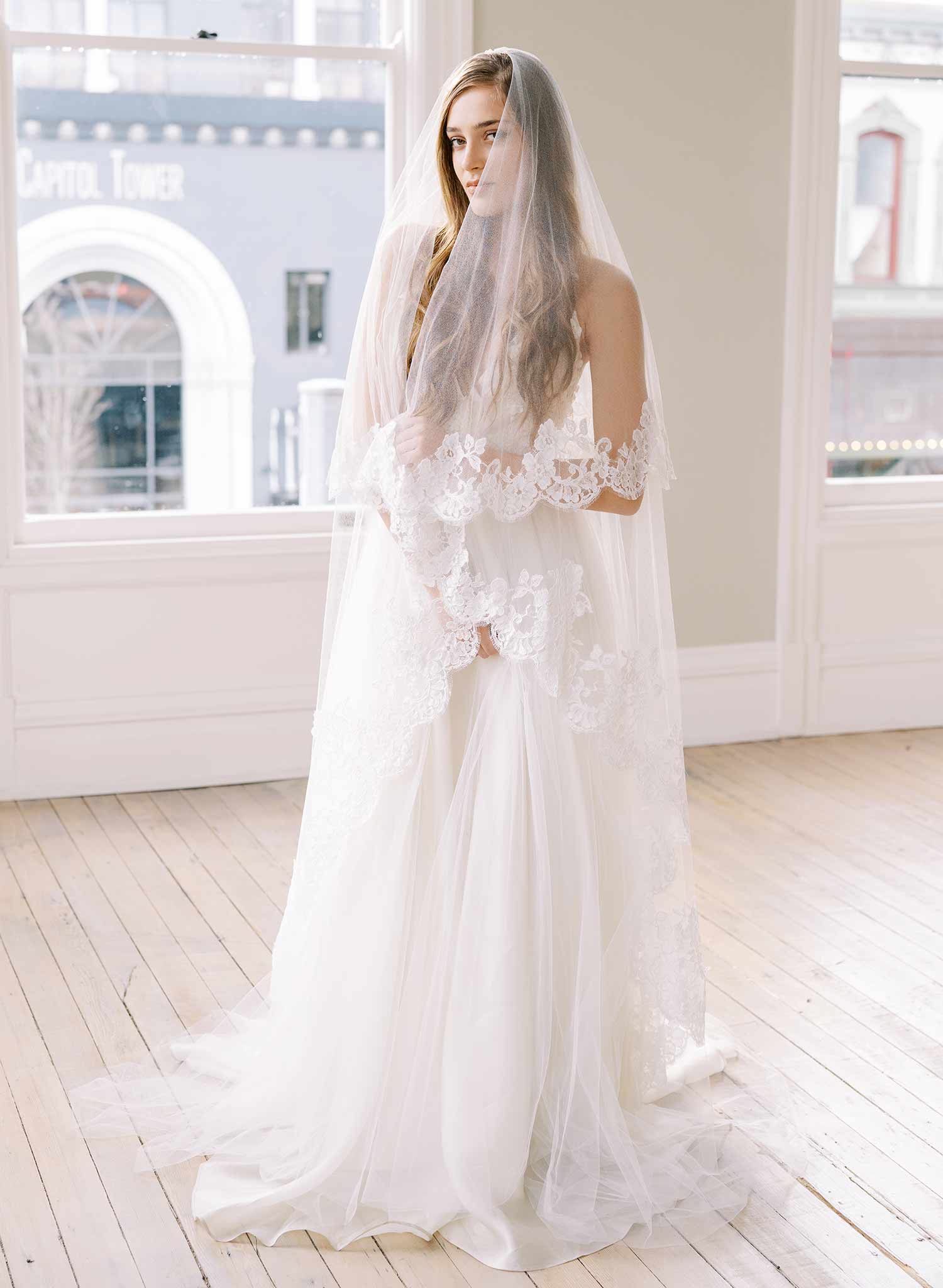 floral lace tulle veil with blusher, twigs & honey