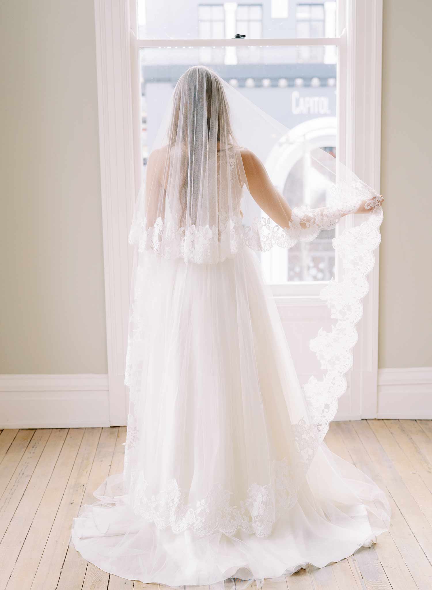 floral lace tulle veil with blusher, twigs & honey