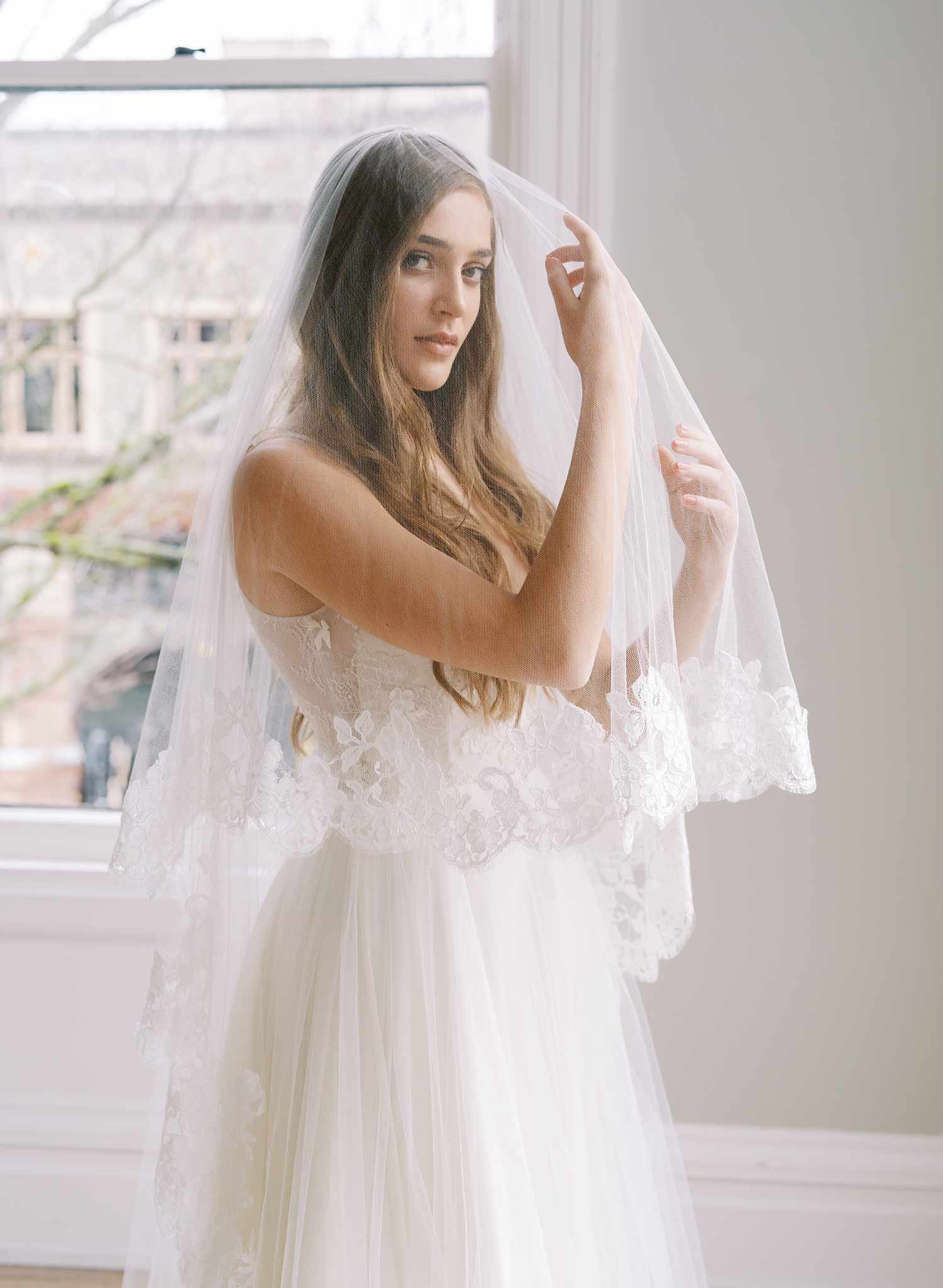 floral lace tulle veil with blusher, twigs & honey