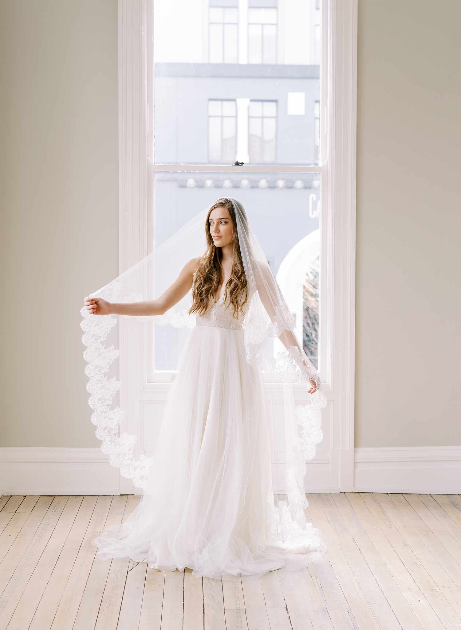 floral lace tulle veil with blusher, twigs & honey