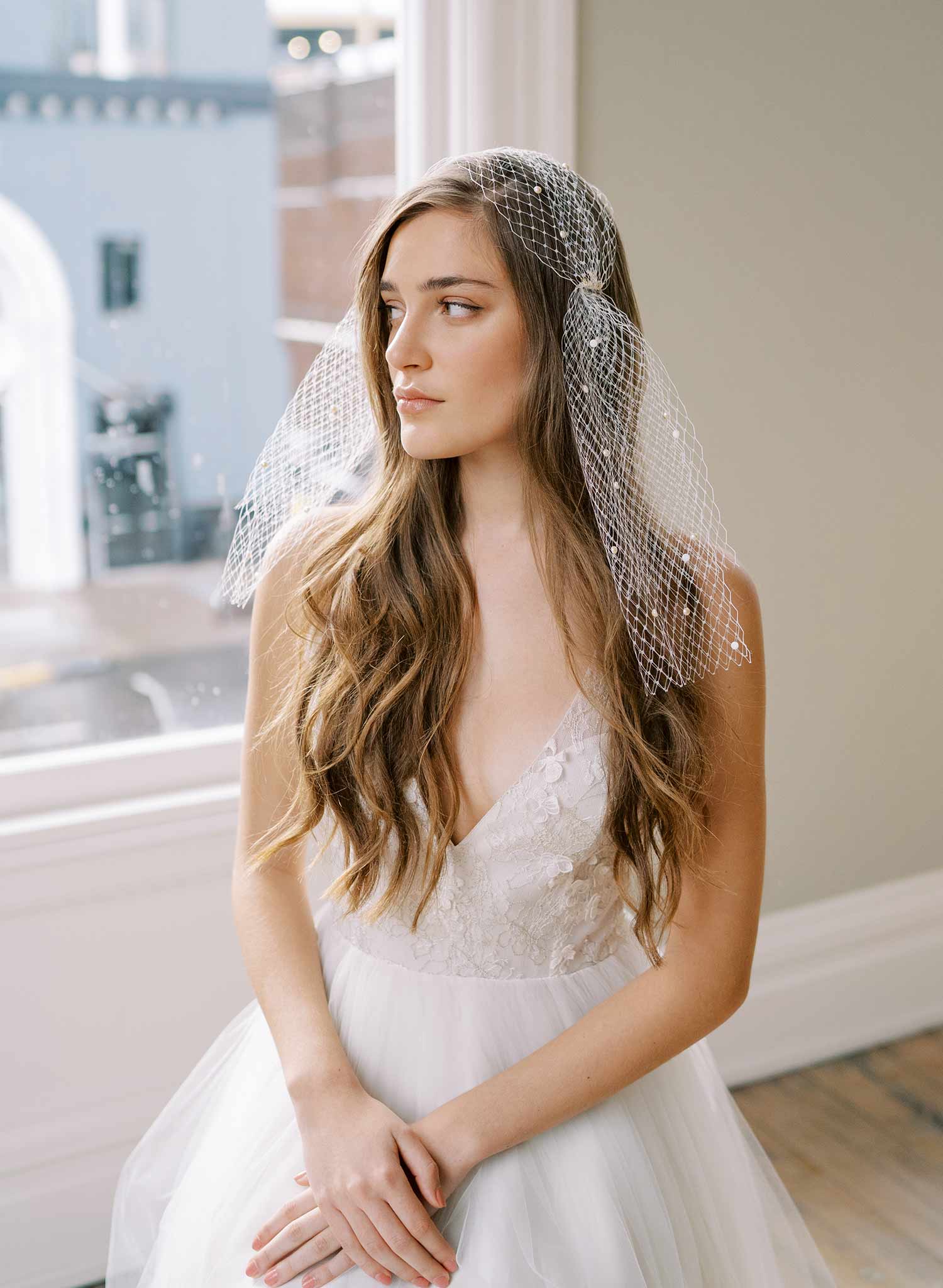 pearl bandeau wedding veil with tails, twigs and honey