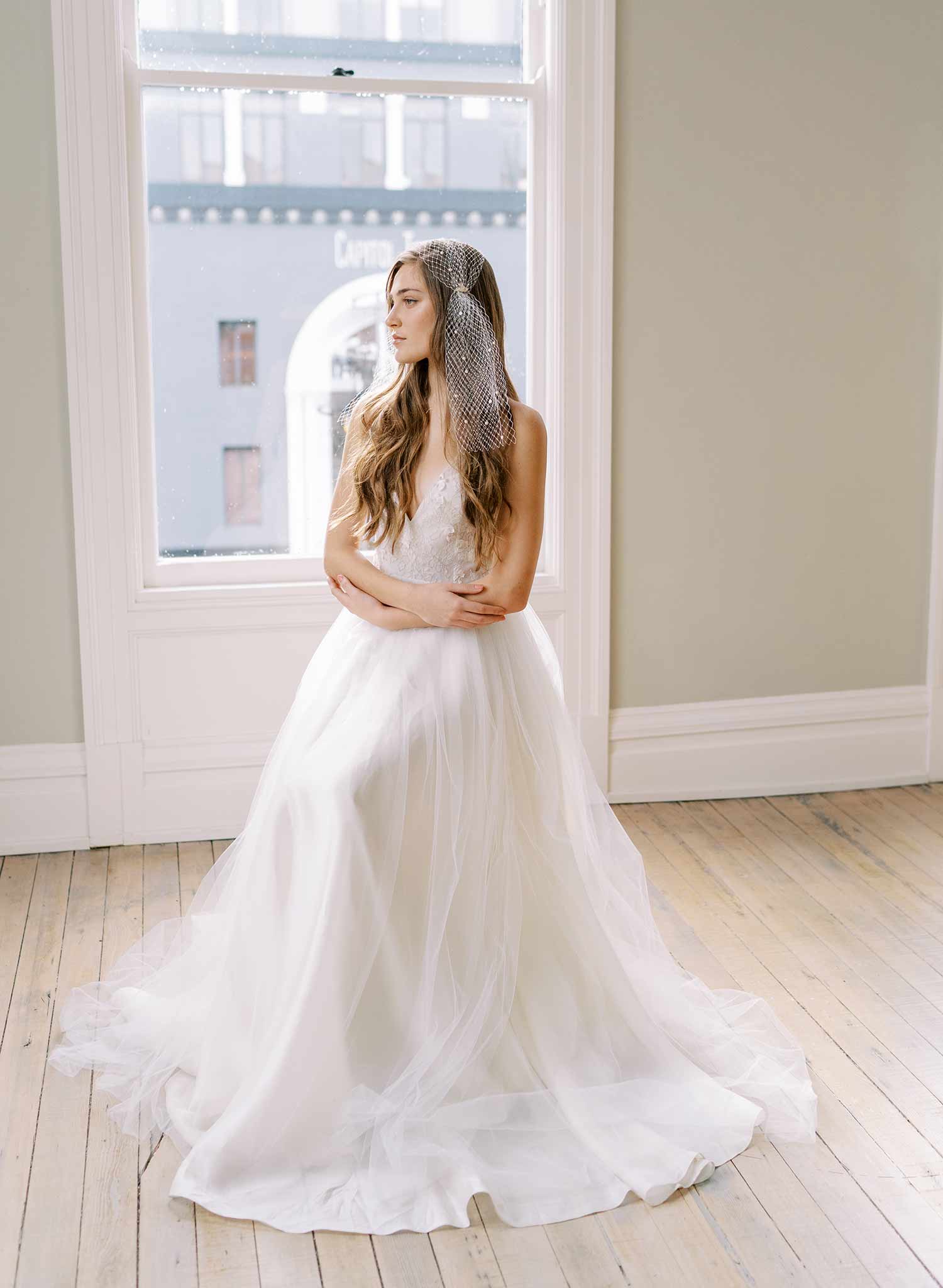 pearl bandeau wedding veil with tails, twigs and honey