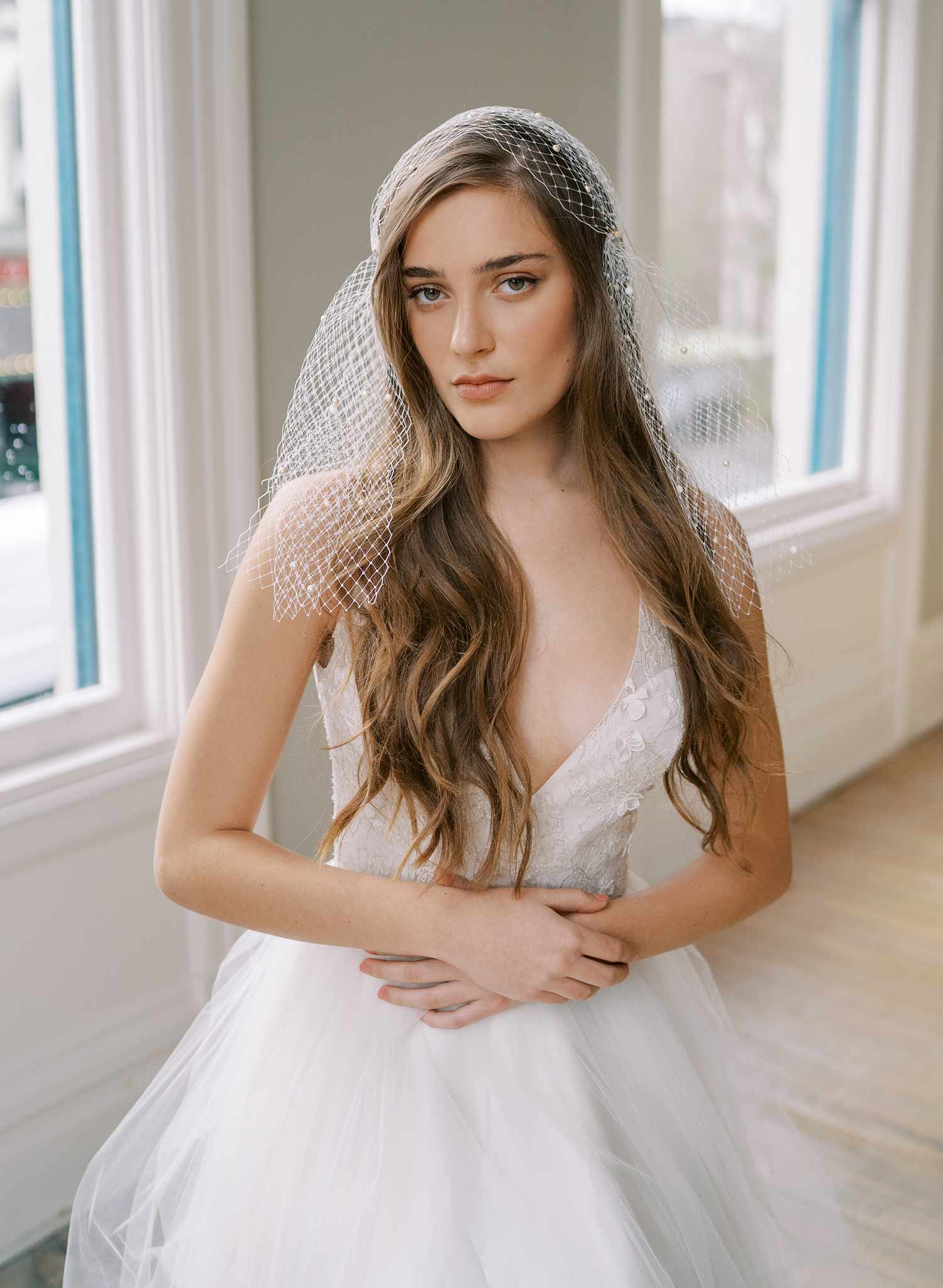 pearl bandeau wedding veil with tails, twigs and honey