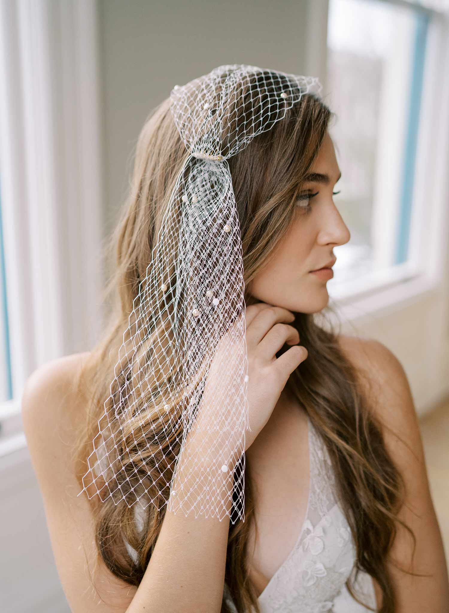 pearl bandeau wedding veil with tails, twigs and honey