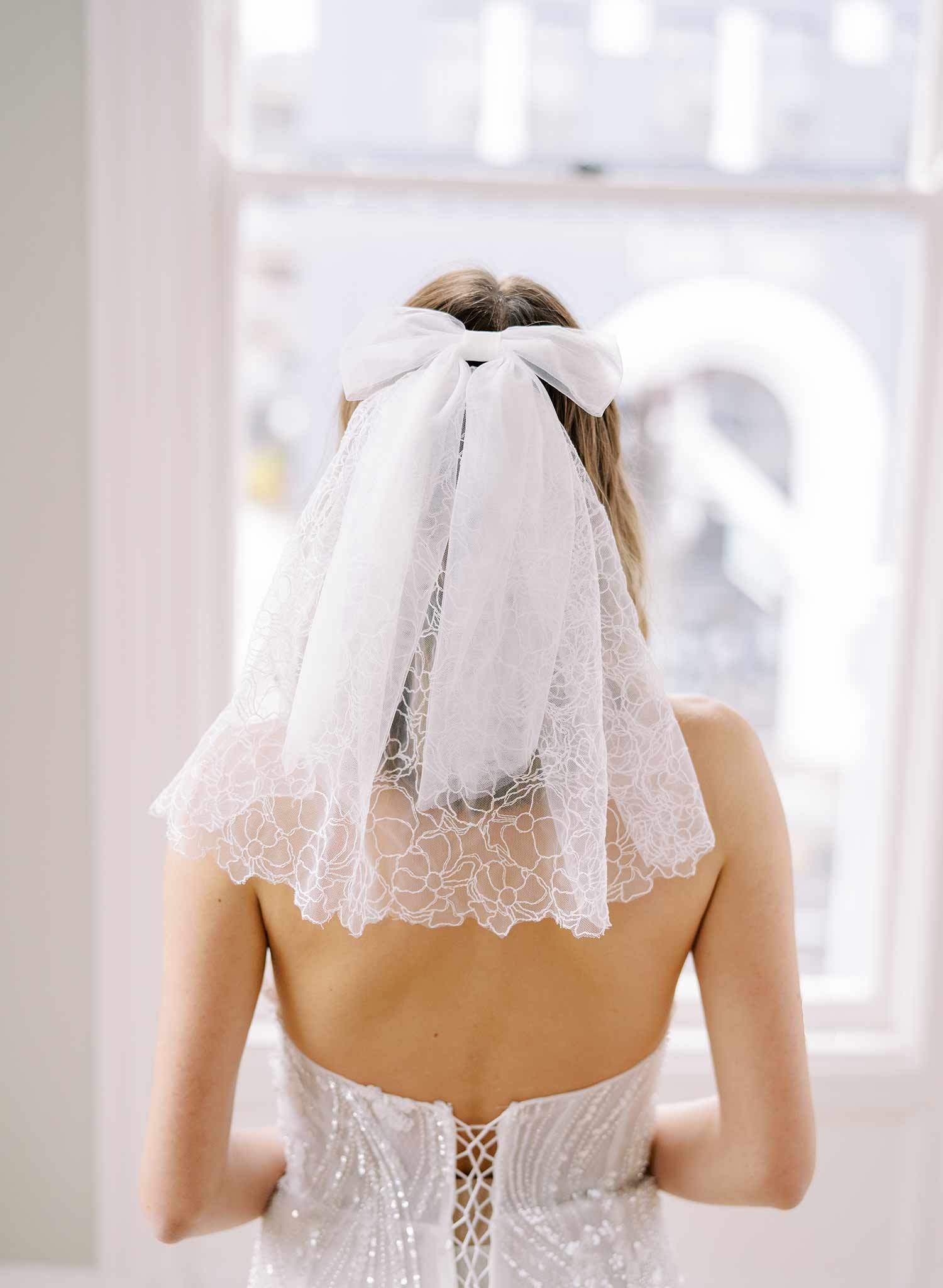 short white lace wedding veil, twigs & honey