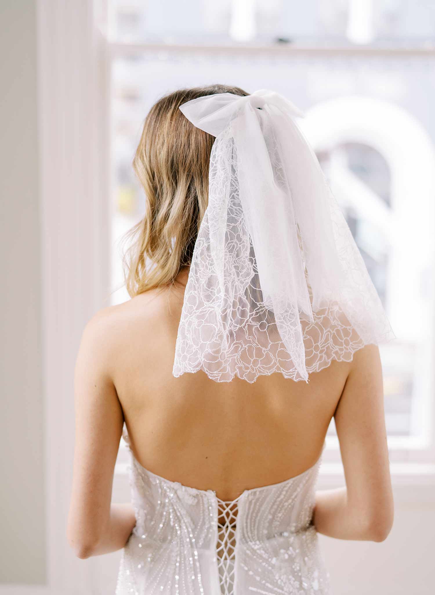 short white lace wedding veil, twigs & honey