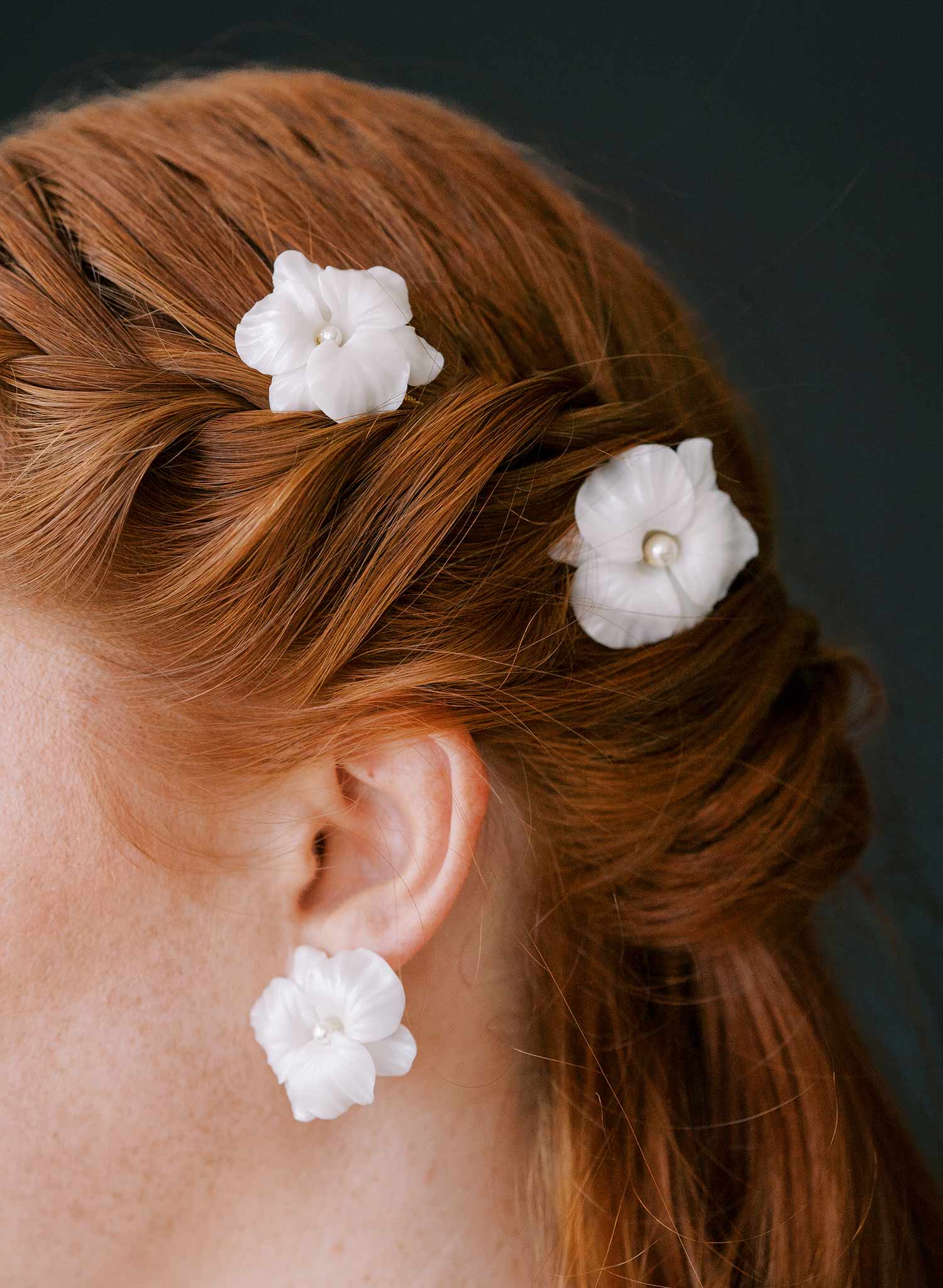 handmade clay orchid white bridal hair pins, twigs & honey