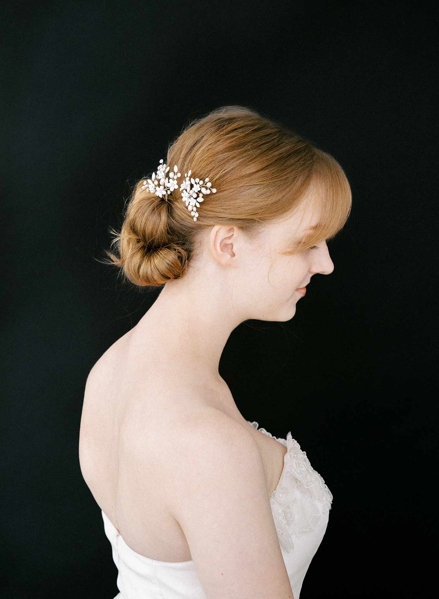 Spray of opal crystals and porcelain white flowers, bobby pin set of 2 for bridal and special occasion wear. Twigs and Honey