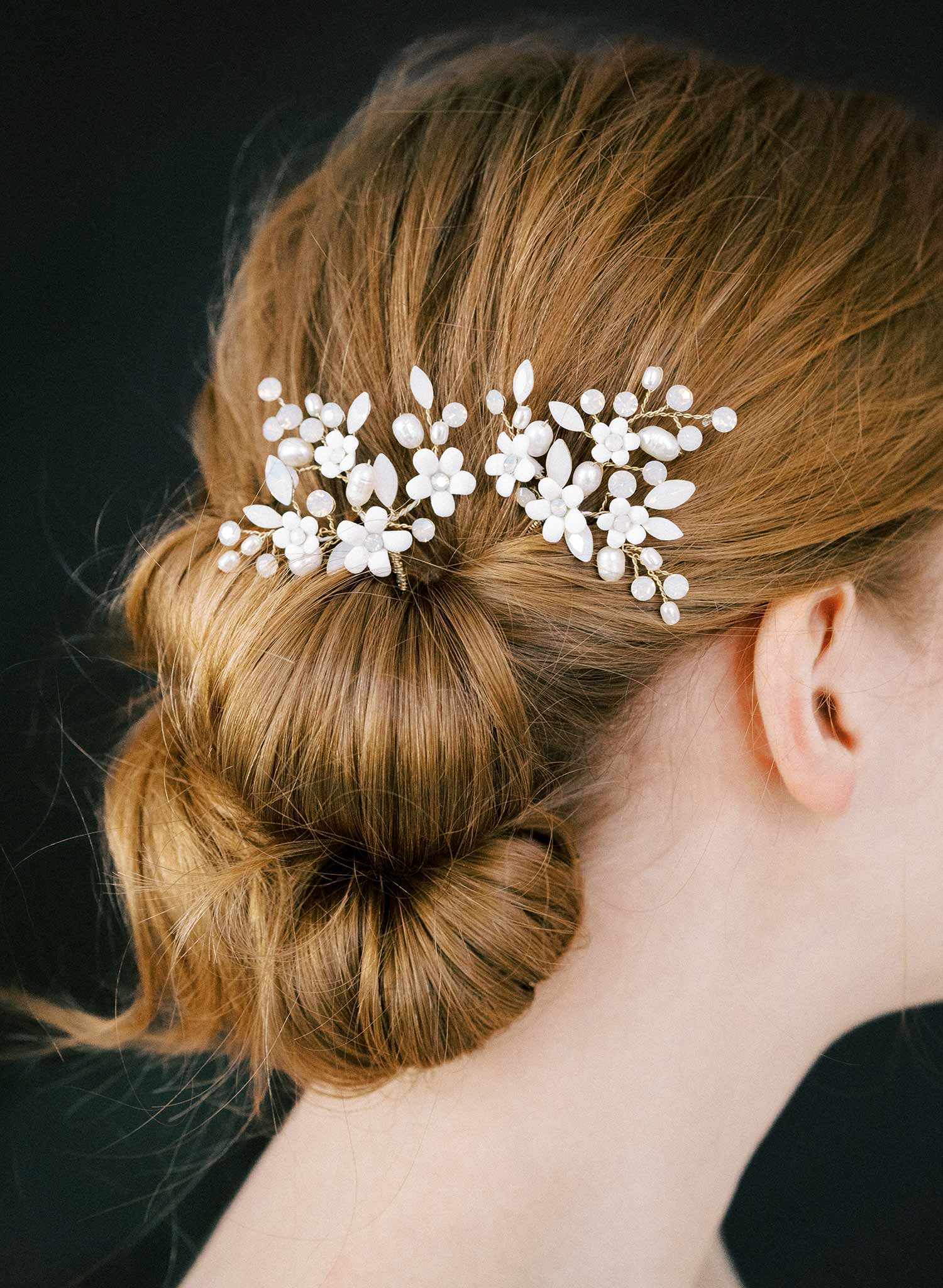 Spray of opal crystals and porcelain white flowers, bobby pin set of 2 for bridal and special occasion wear. Twigs and Honey