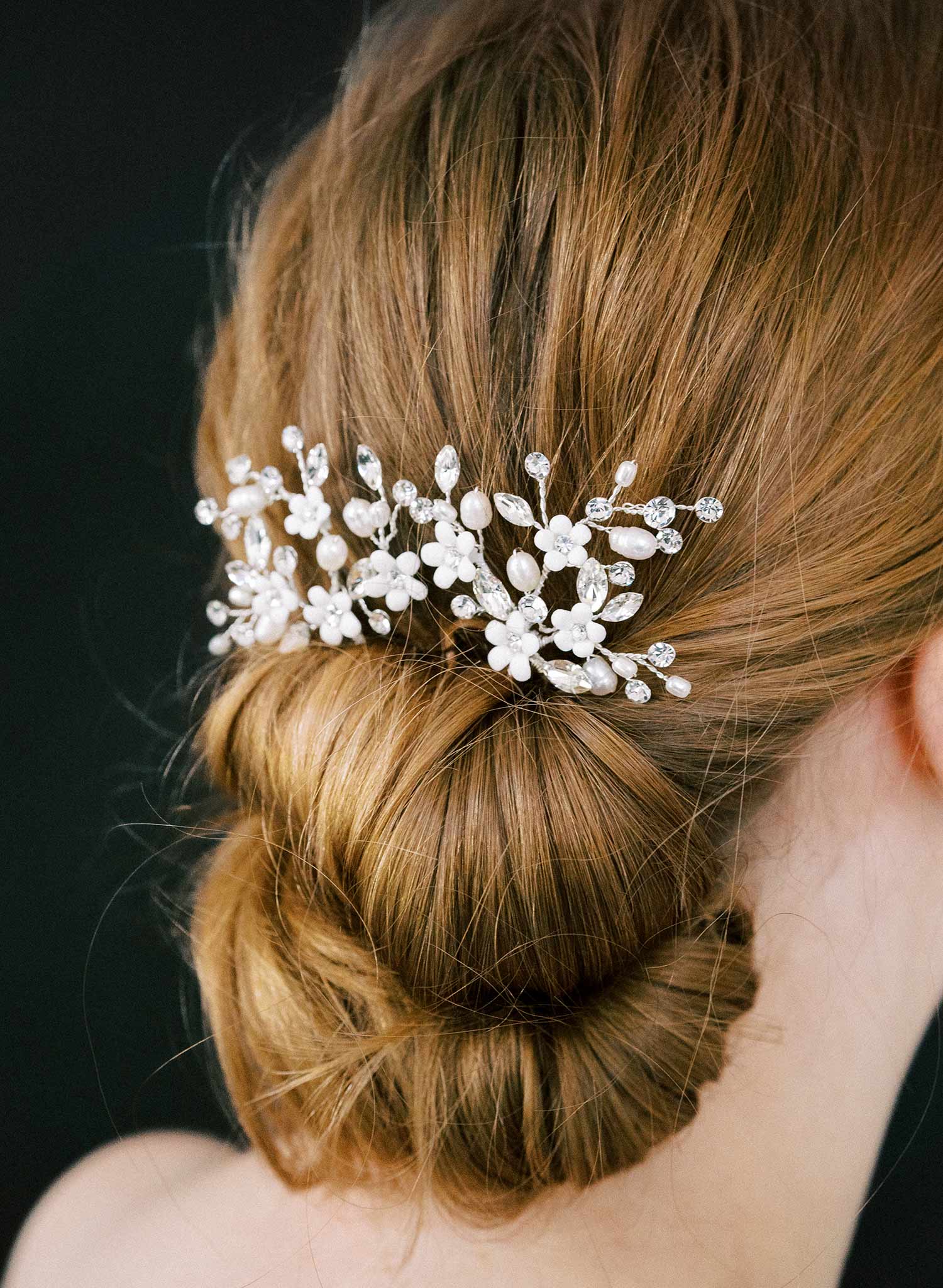 Spray of opal crystals and porcelain white flowers, bobby pin set of 2 for bridal and special occasion wear. Twigs and Honey