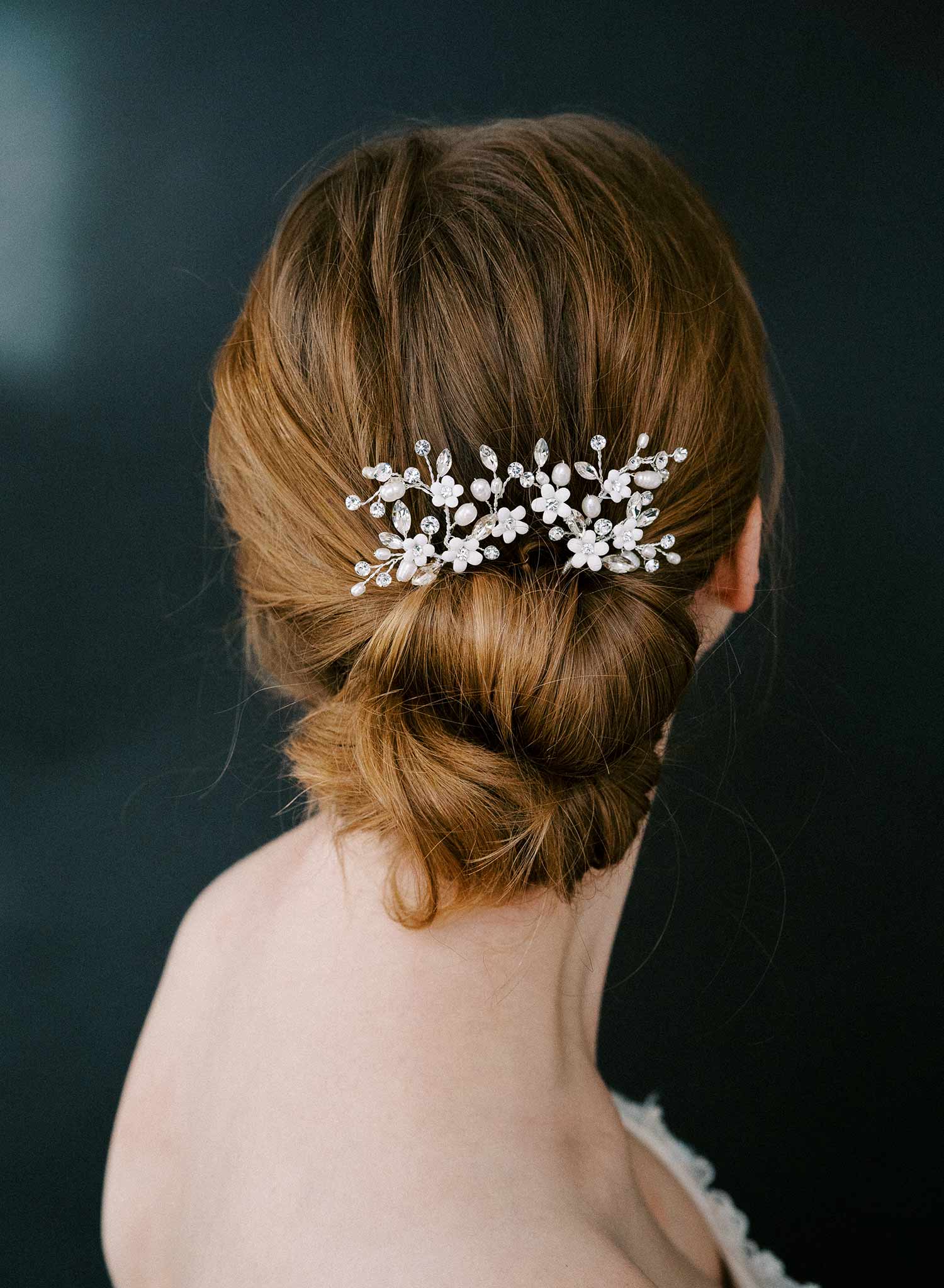 Spray of opal crystals and porcelain white flowers, bobby pin set of 2 for bridal and special occasion wear. Twigs and Honey