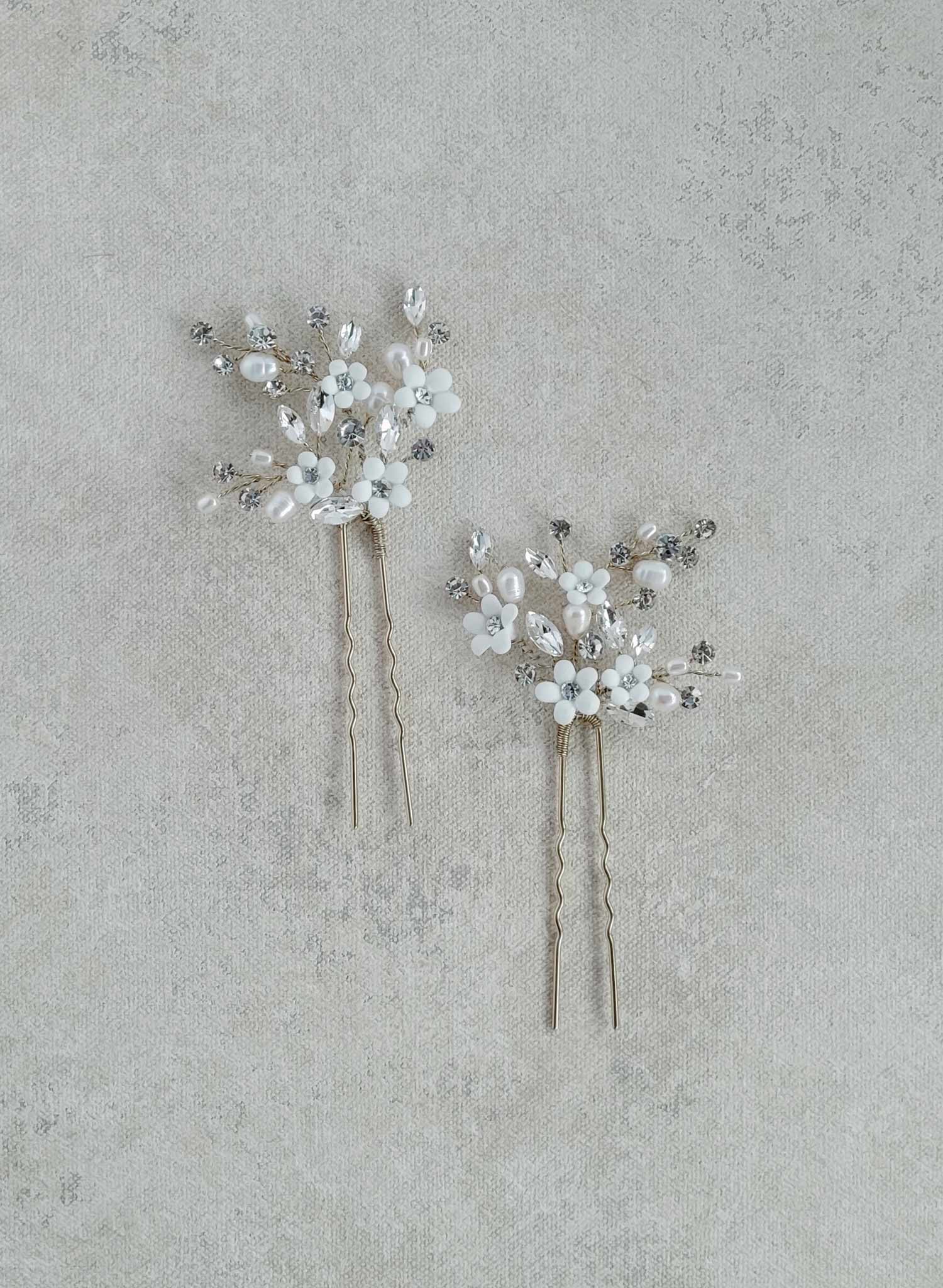 Spray of opal crystals and porcelain white flowers, bobby pin set of 2 for bridal and special occasion wear. Twigs and Honey