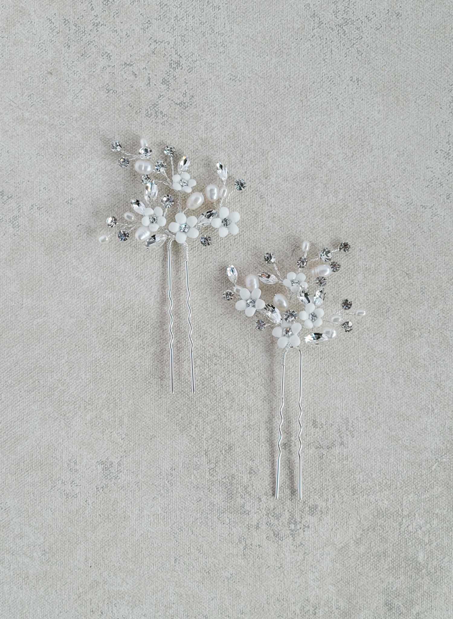 Spray of opal crystals and porcelain white flowers, bobby pin set of 2 for bridal and special occasion wear. Twigs and Honey