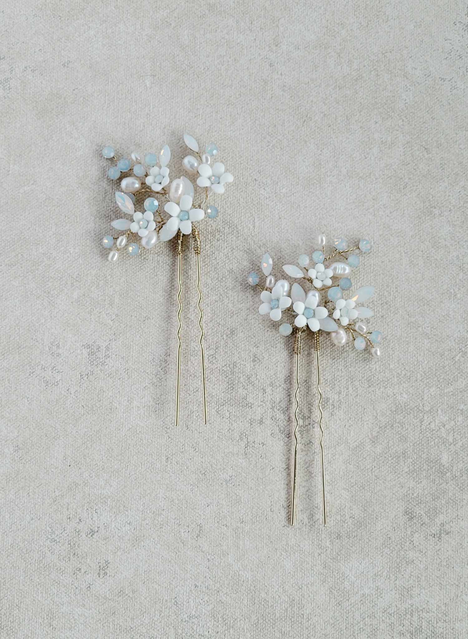 Spray of opal crystals and porcelain white flowers, bobby pin set of 2 for bridal and special occasion wear. Twigs and Honey