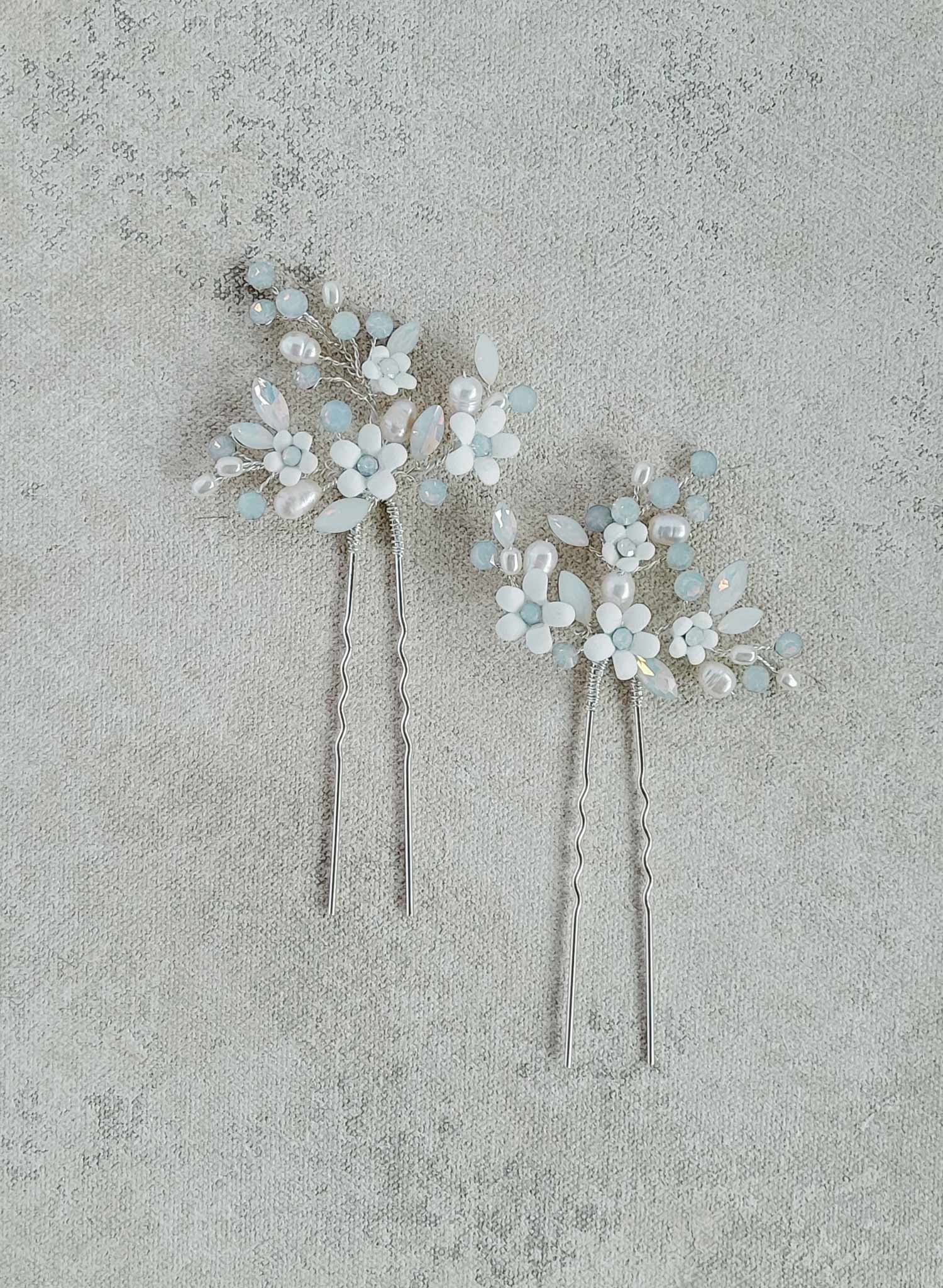 Spray of opal crystals and porcelain white flowers, bobby pin set of 2 for bridal and special occasion wear. Twigs and Honey