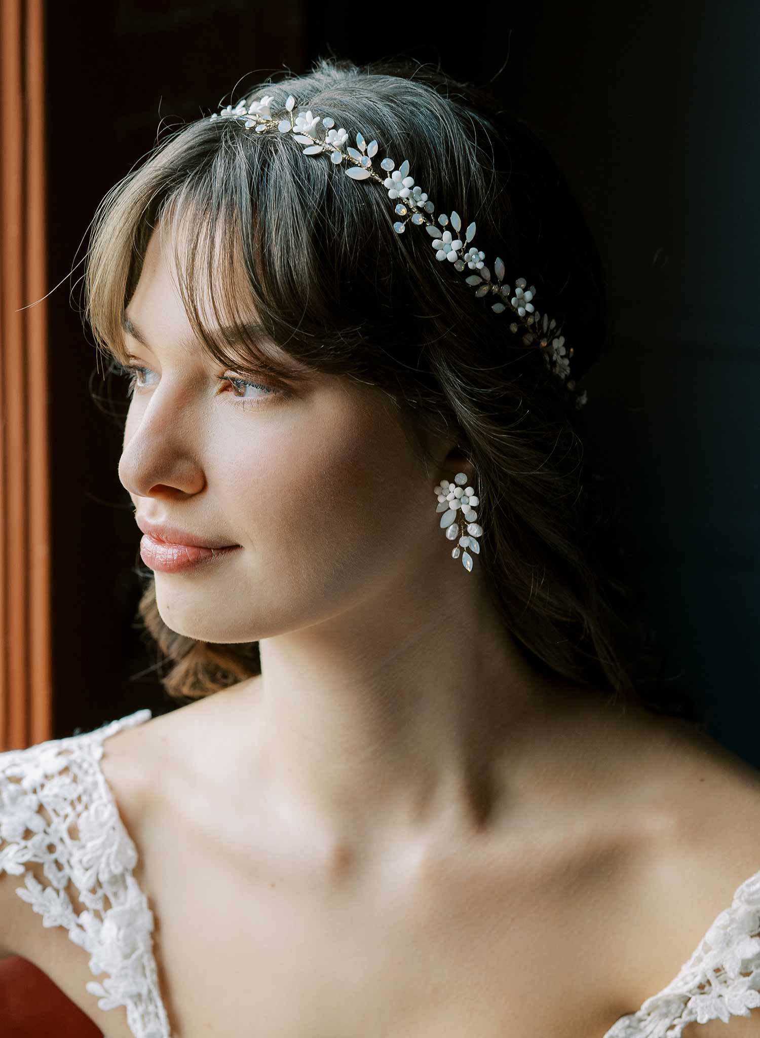 Opal crystall and porcelain flower bridal drop earrings by Twigs and Honey