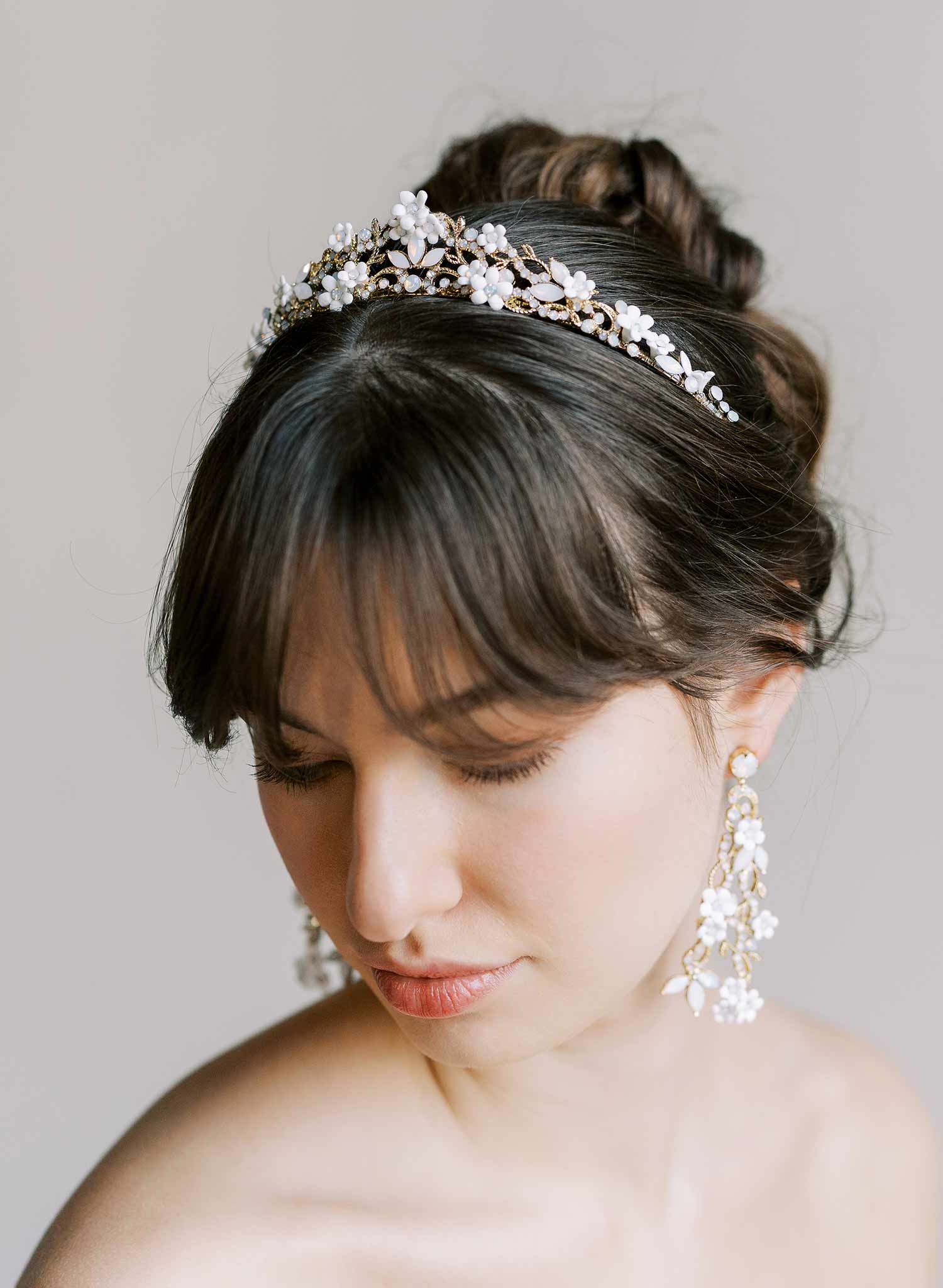 Opal crystal and tiny porcelain blossom bridal tiara in gold by Twigs & Honey