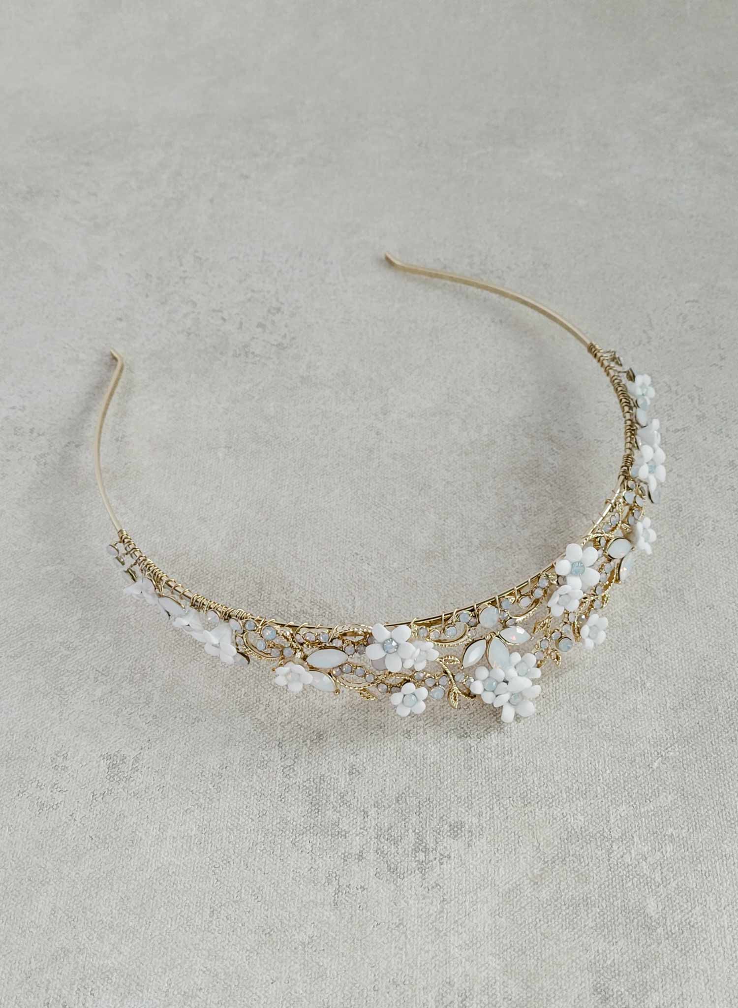 Opal crystal and tiny porcelain blossom bridal tiara in gold by Twigs & Honey